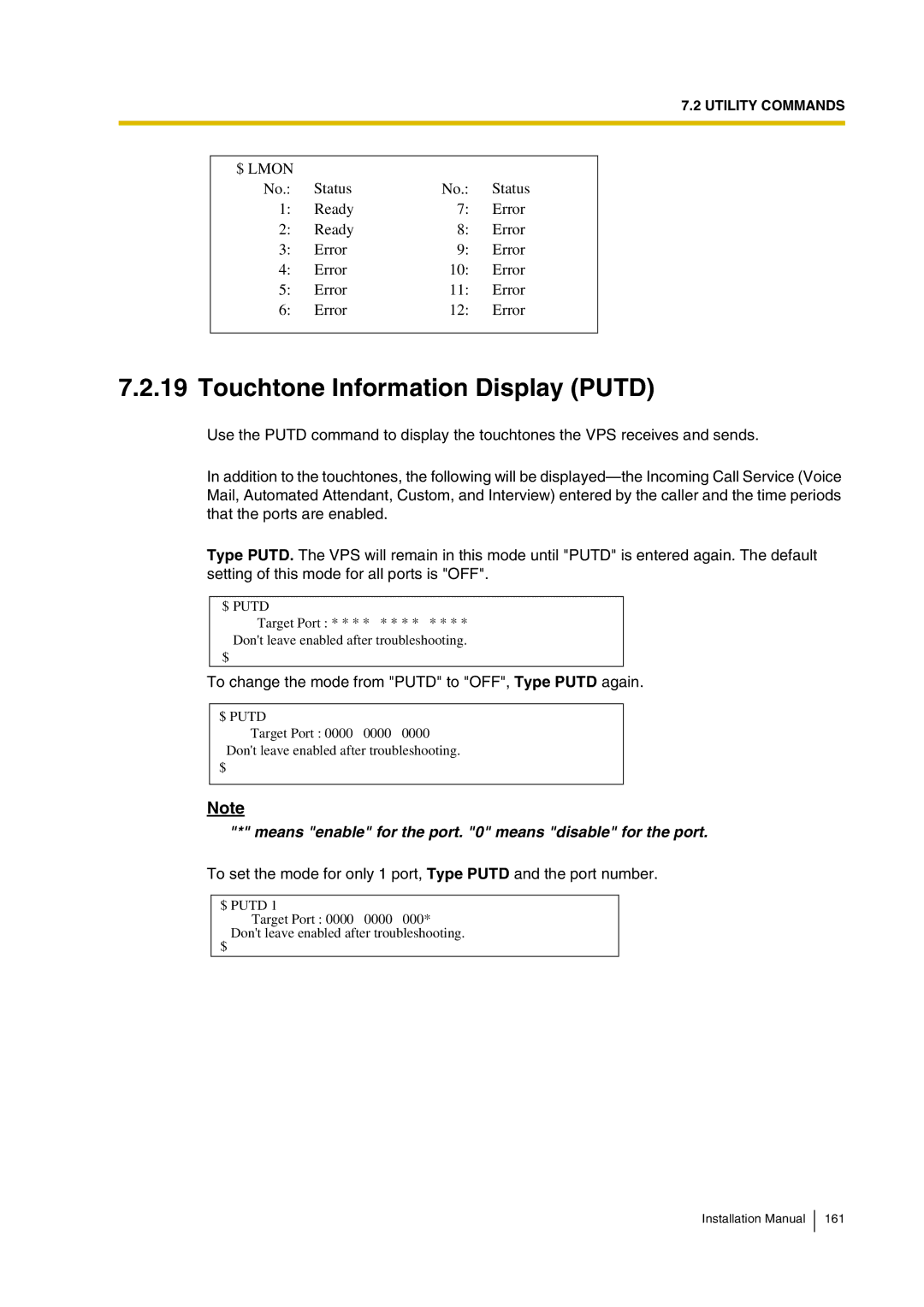 Panasonic KX-TVP200 Touchtone Information Display Putd, Means enable for the port means disable for the port 