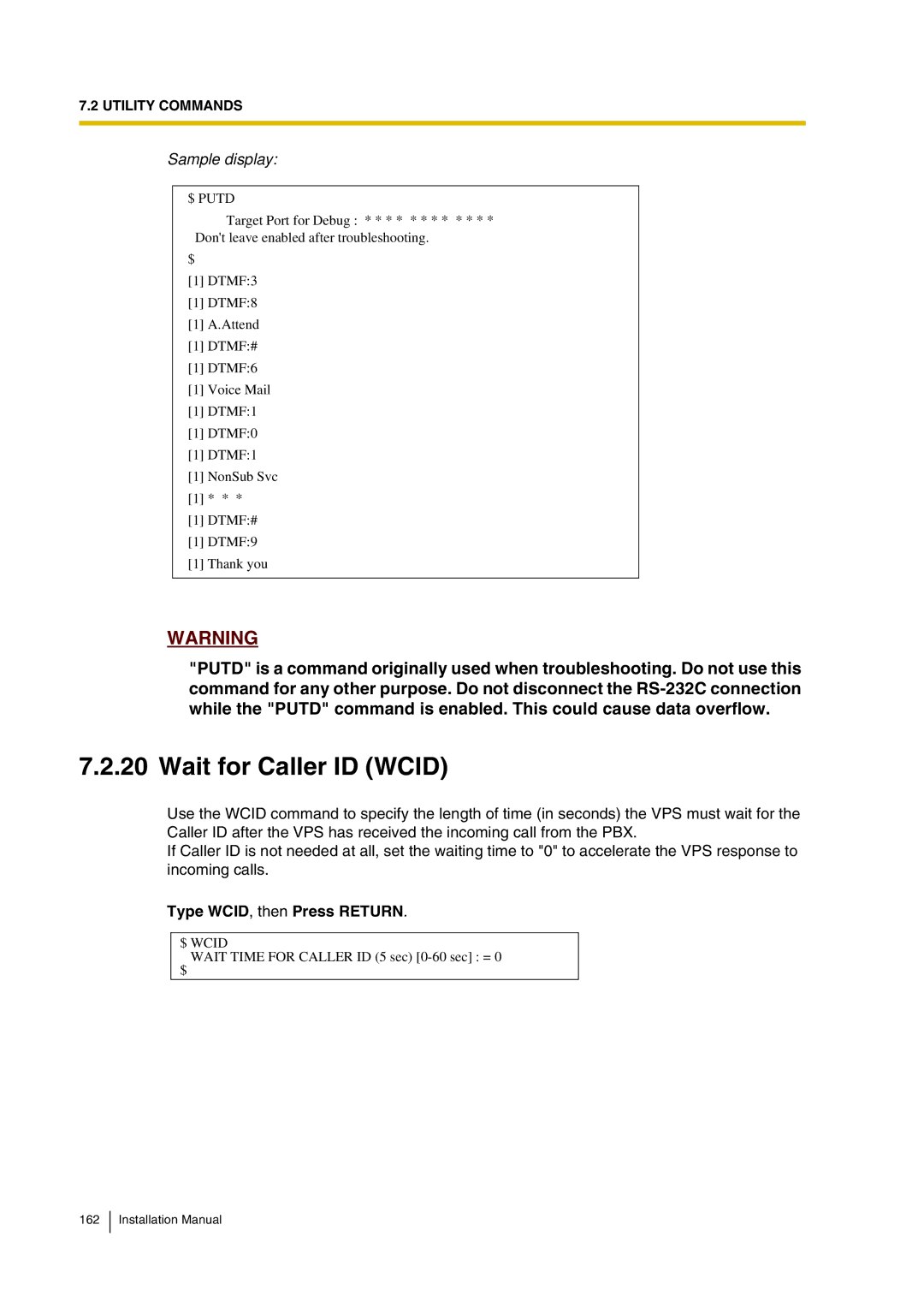 Panasonic KX-TVP200 installation manual Wait for Caller ID Wcid, Sample display, Type WCID, then Press Return 