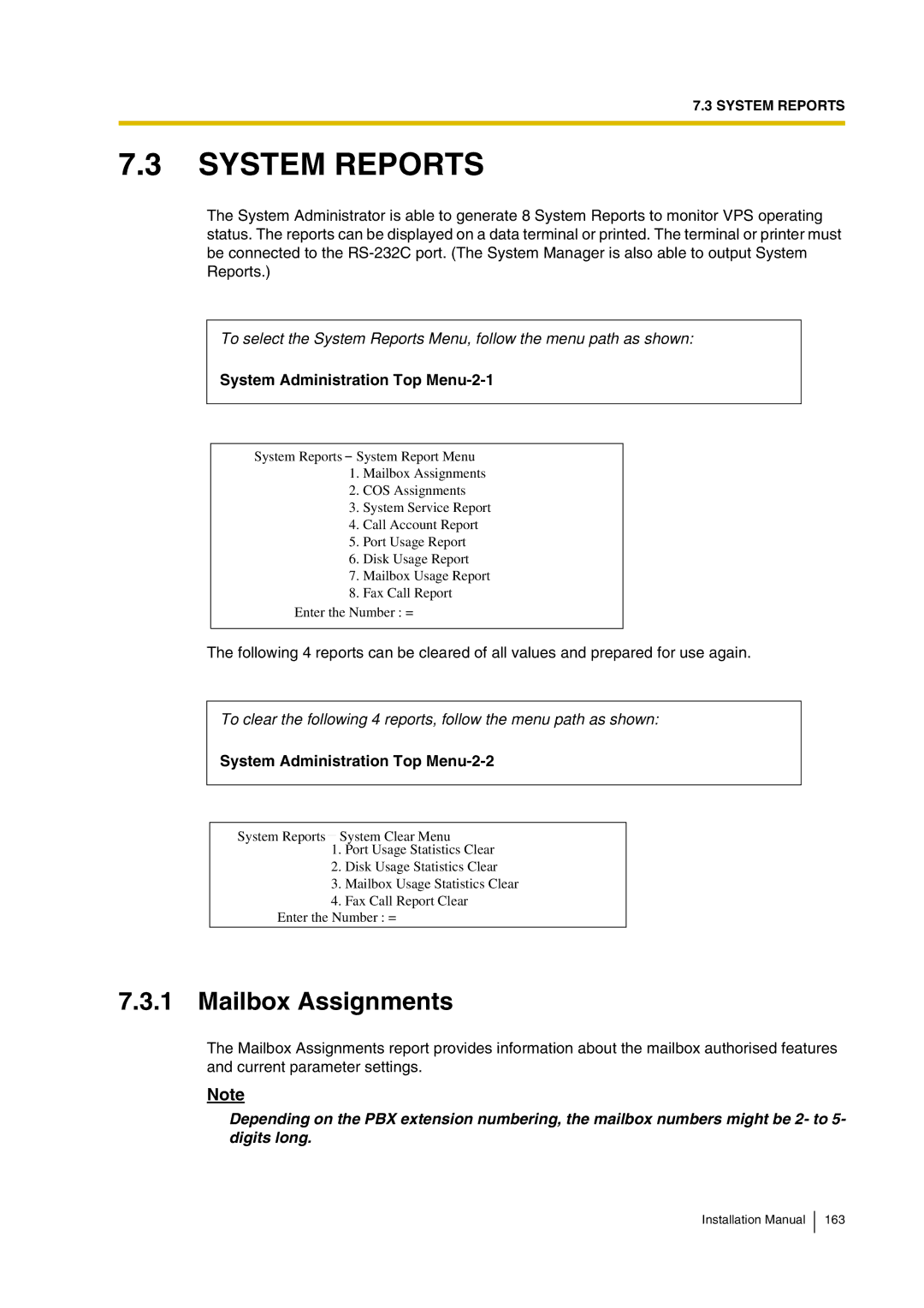 Panasonic KX-TVP200 installation manual System Reports, Mailbox Assignments, System Administration Top Menu-2-1 