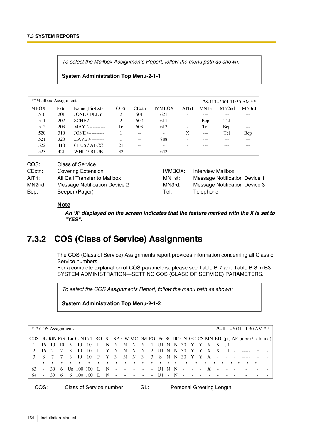 Panasonic KX-TVP200 installation manual COS Class of Service Assignments, System Administration Top Menu-2-1-1, Cos, Ivmbox 