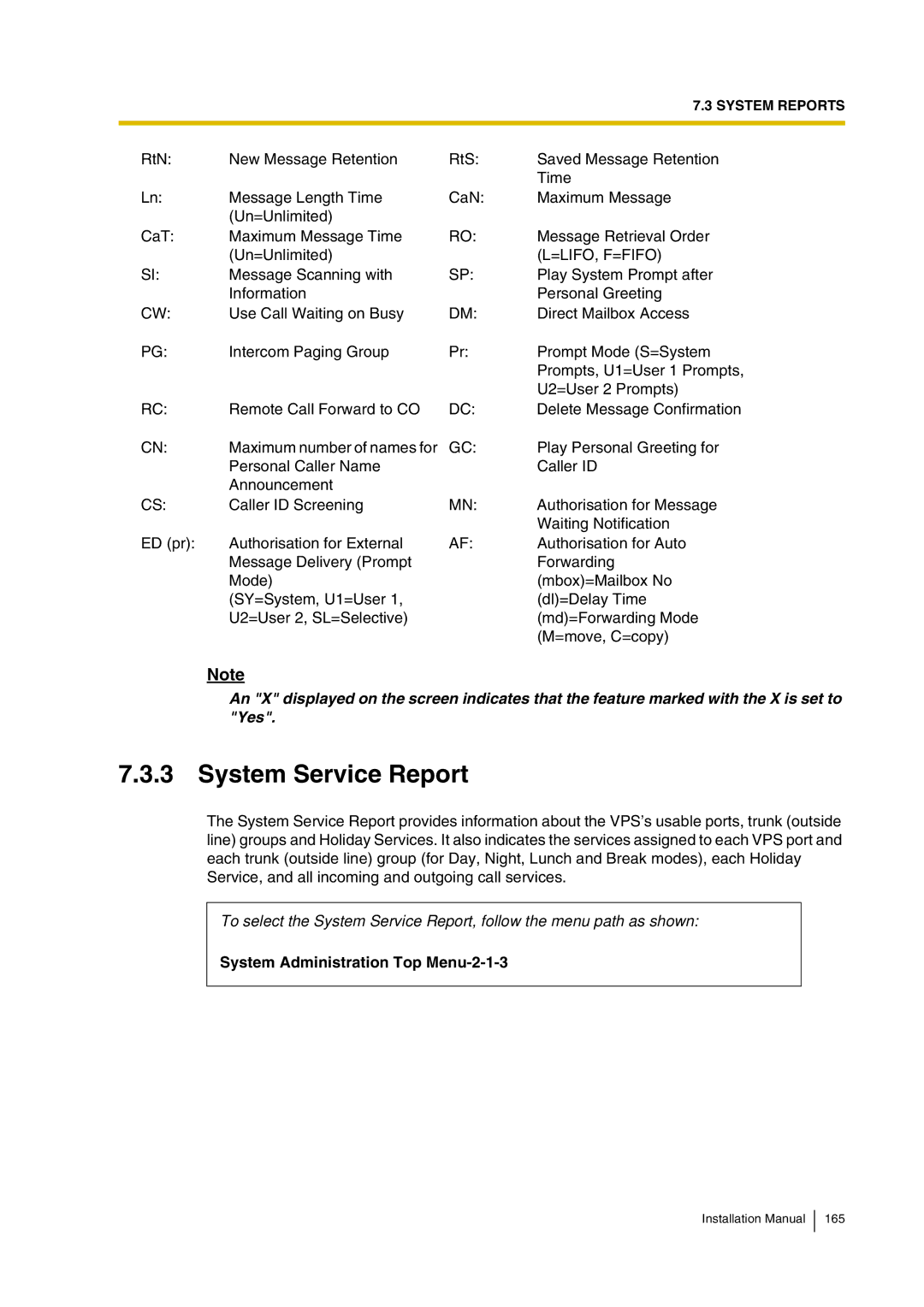 Panasonic KX-TVP200 installation manual System Service Report, =Lifo, F=Fifo, System Administration Top Menu-2-1-3 