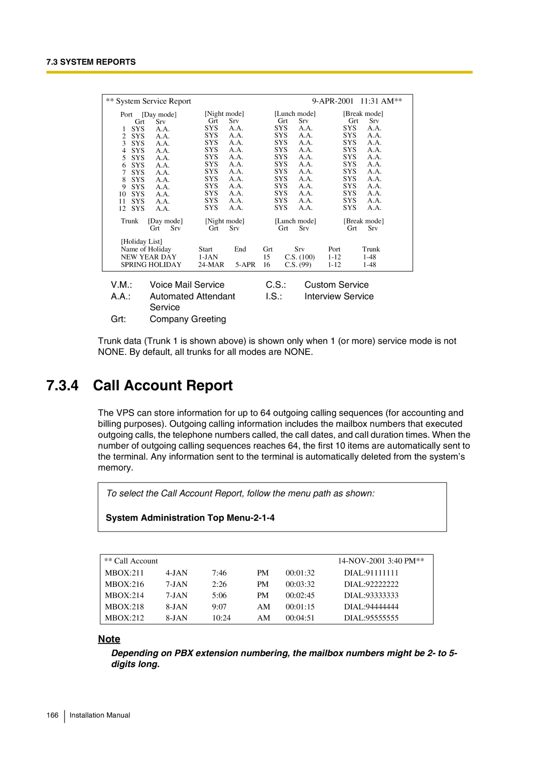 Panasonic KX-TVP200 installation manual Call Account Report, System Administration Top Menu-2-1-4 