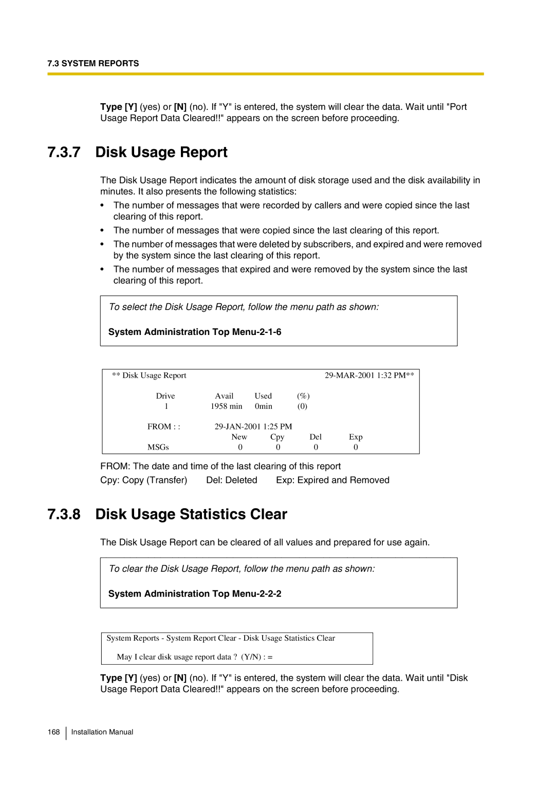 Panasonic KX-TVP200 Disk Usage Report, Disk Usage Statistics Clear, System Administration Top Menu-2-1-6 