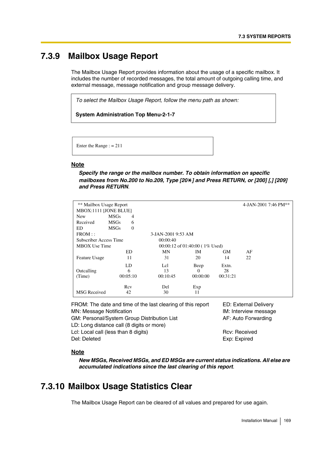 Panasonic KX-TVP200 Mailbox Usage Report, Mailbox Usage Statistics Clear, System Administration Top Menu-2-1-7 