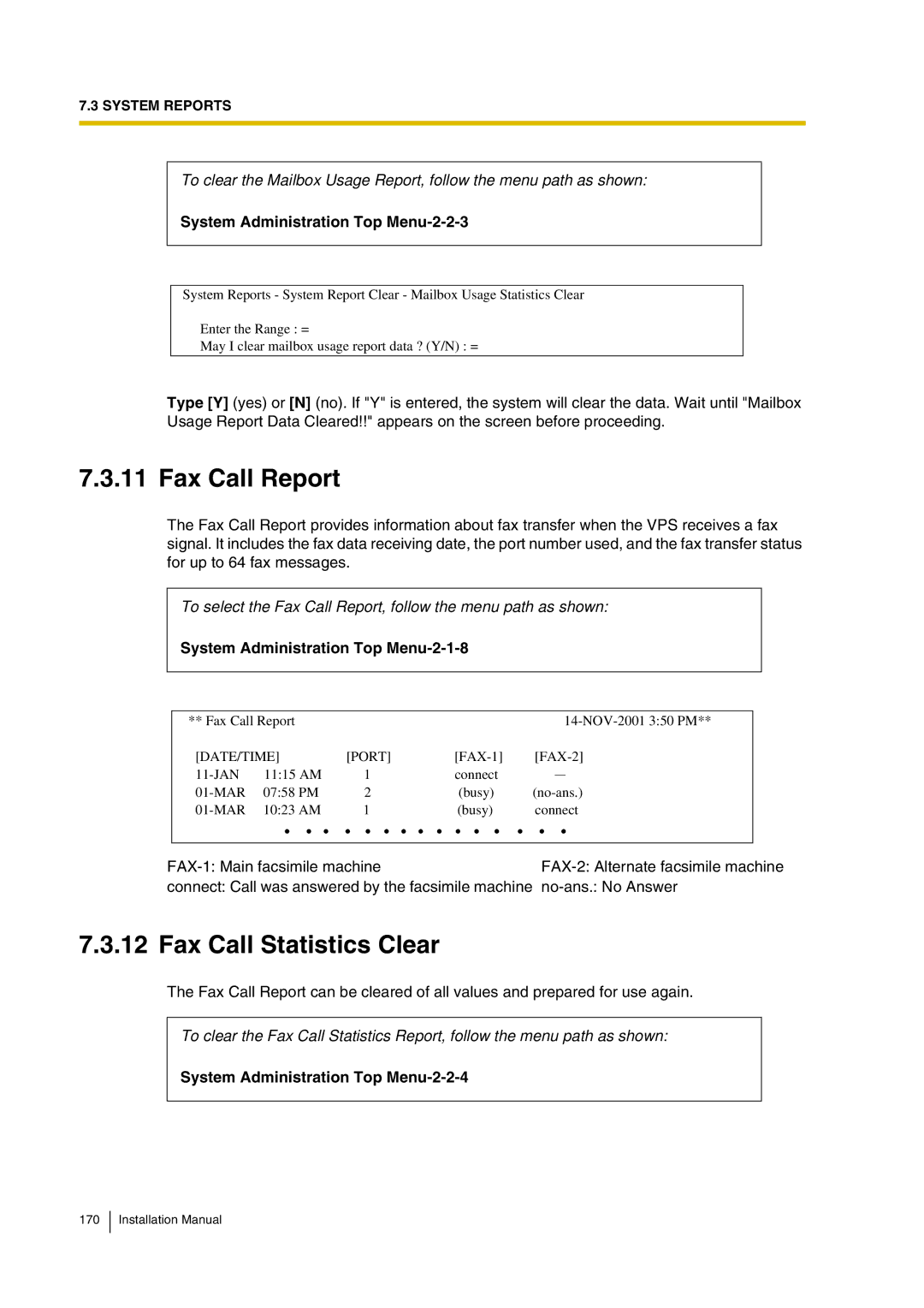 Panasonic KX-TVP200 installation manual Fax Call Report, Fax Call Statistics Clear, System Administration Top Menu-2-2-3 