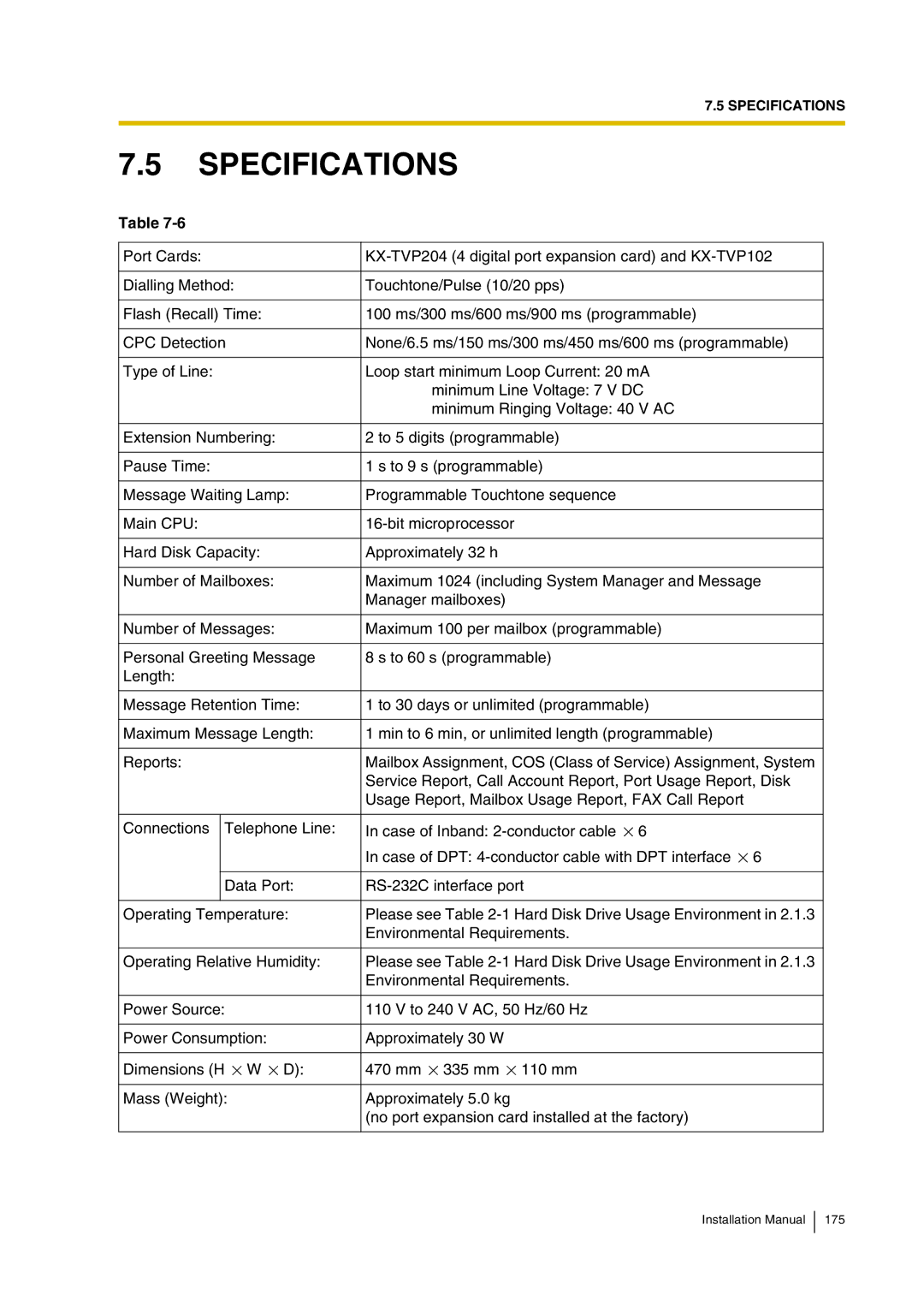 Panasonic KX-TVP200 installation manual Specifications 