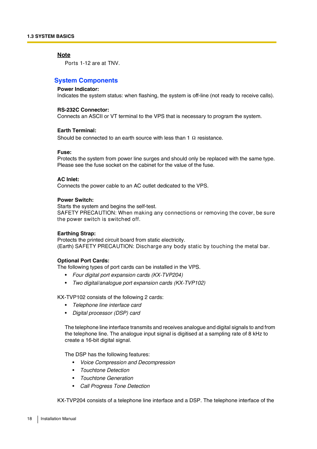 Panasonic KX-TVP200 installation manual System Components, Ports 1-12 are at TNV 