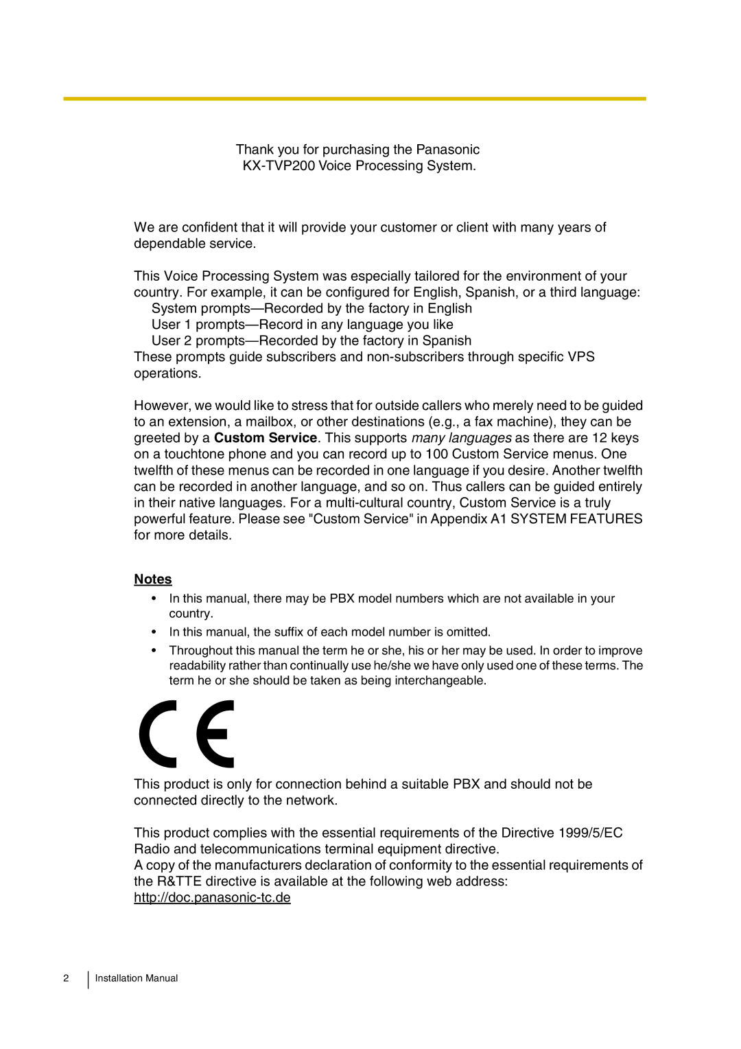 Panasonic KX-TVP200 installation manual Installation Manual 