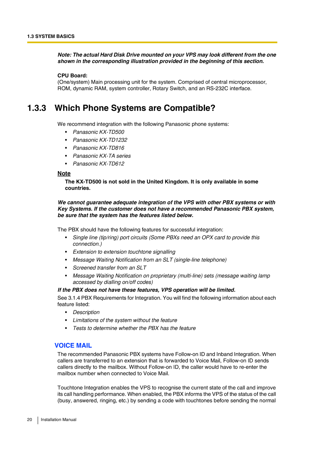 Panasonic KX-TVP200 installation manual Which Phone Systems are Compatible?, CPU Board 