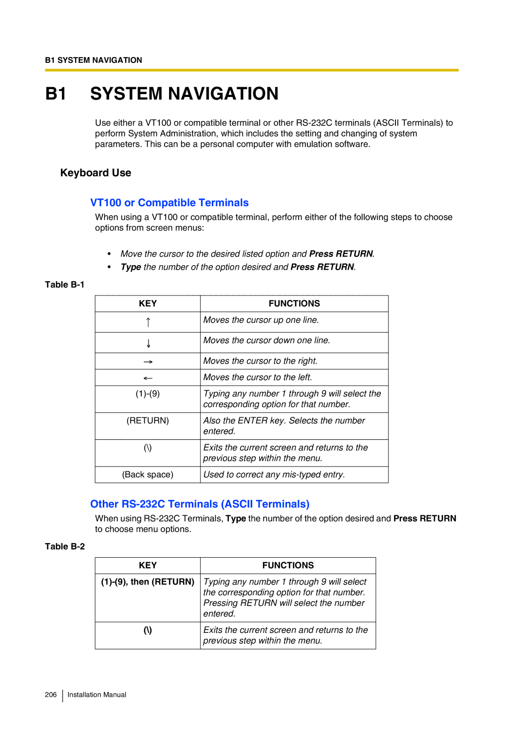 Panasonic KX-TVP200 installation manual B1 System Navigation, Keyboard Use, VT100 or Compatible Terminals, Then Return 