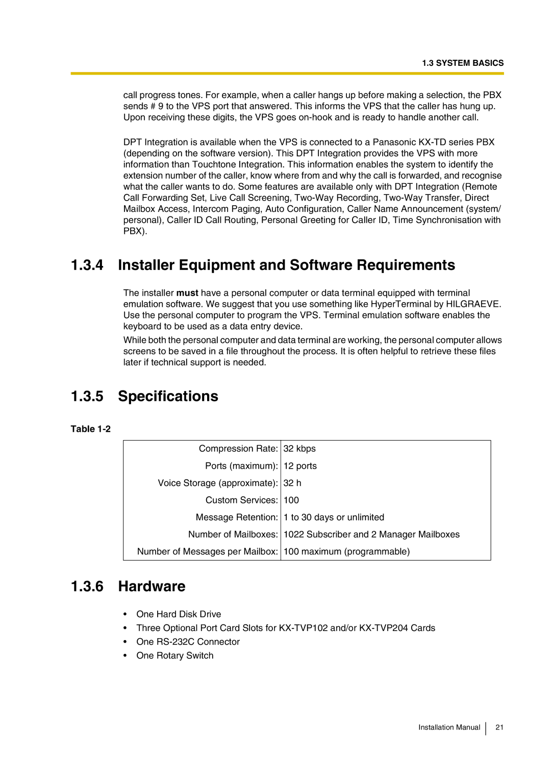 Panasonic KX-TVP200 installation manual Installer Equipment and Software Requirements, Specifications, Hardware 