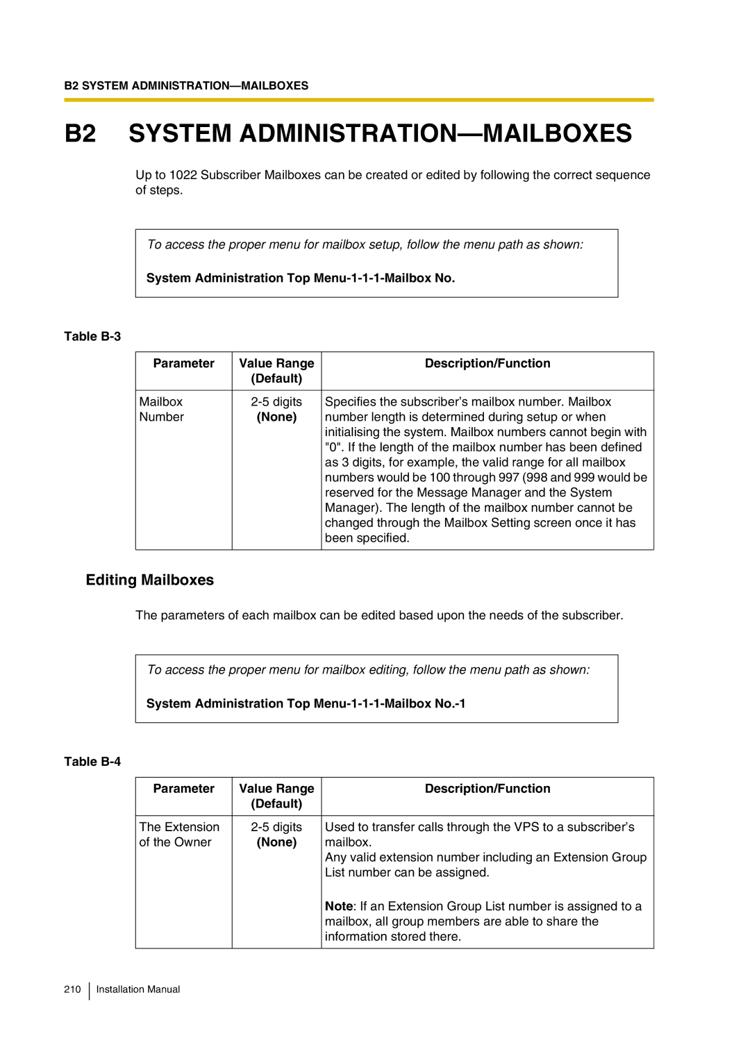 Panasonic KX-TVP200 installation manual B2 System ADMINISTRATION-MAILBOXES, Editing Mailboxes 