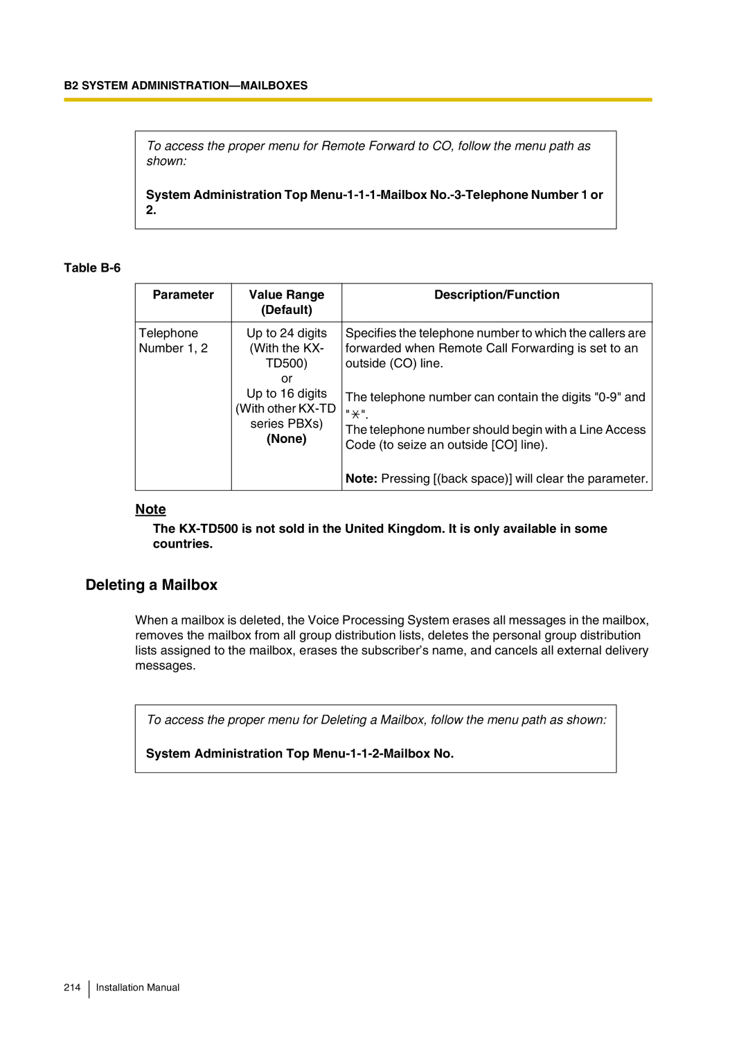 Panasonic KX-TVP200 installation manual Deleting a Mailbox, System Administration Top Menu-1-1-2-Mailbox No 