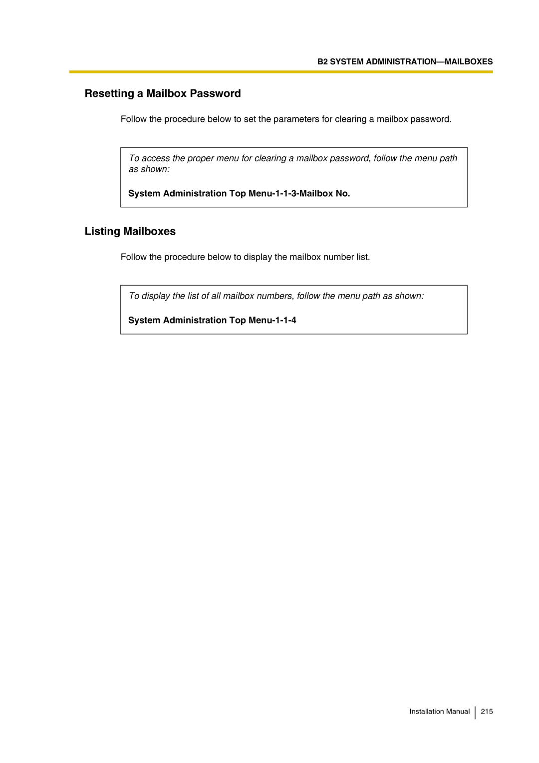 Panasonic KX-TVP200 Resetting a Mailbox Password, Listing Mailboxes, System Administration Top Menu-1-1-3-Mailbox No 