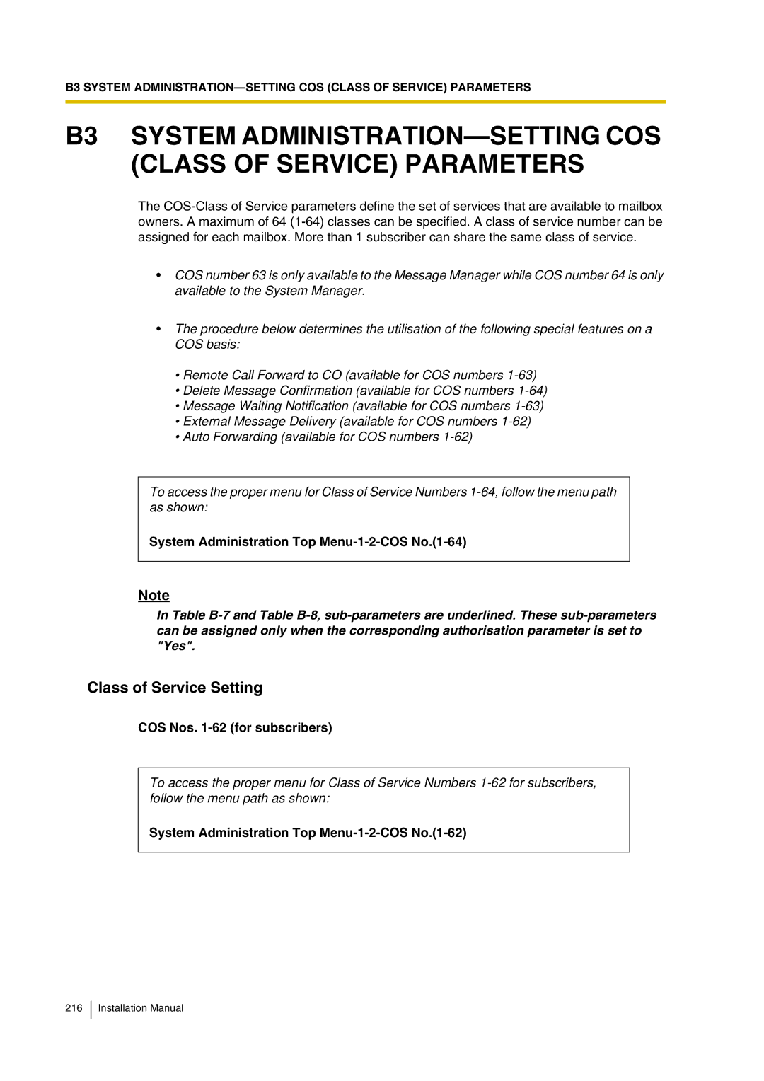 Panasonic KX-TVP200 Class of Service Setting, System Administration Top Menu-1-2-COS No.1-64, COS Nos -62 for subscribers 