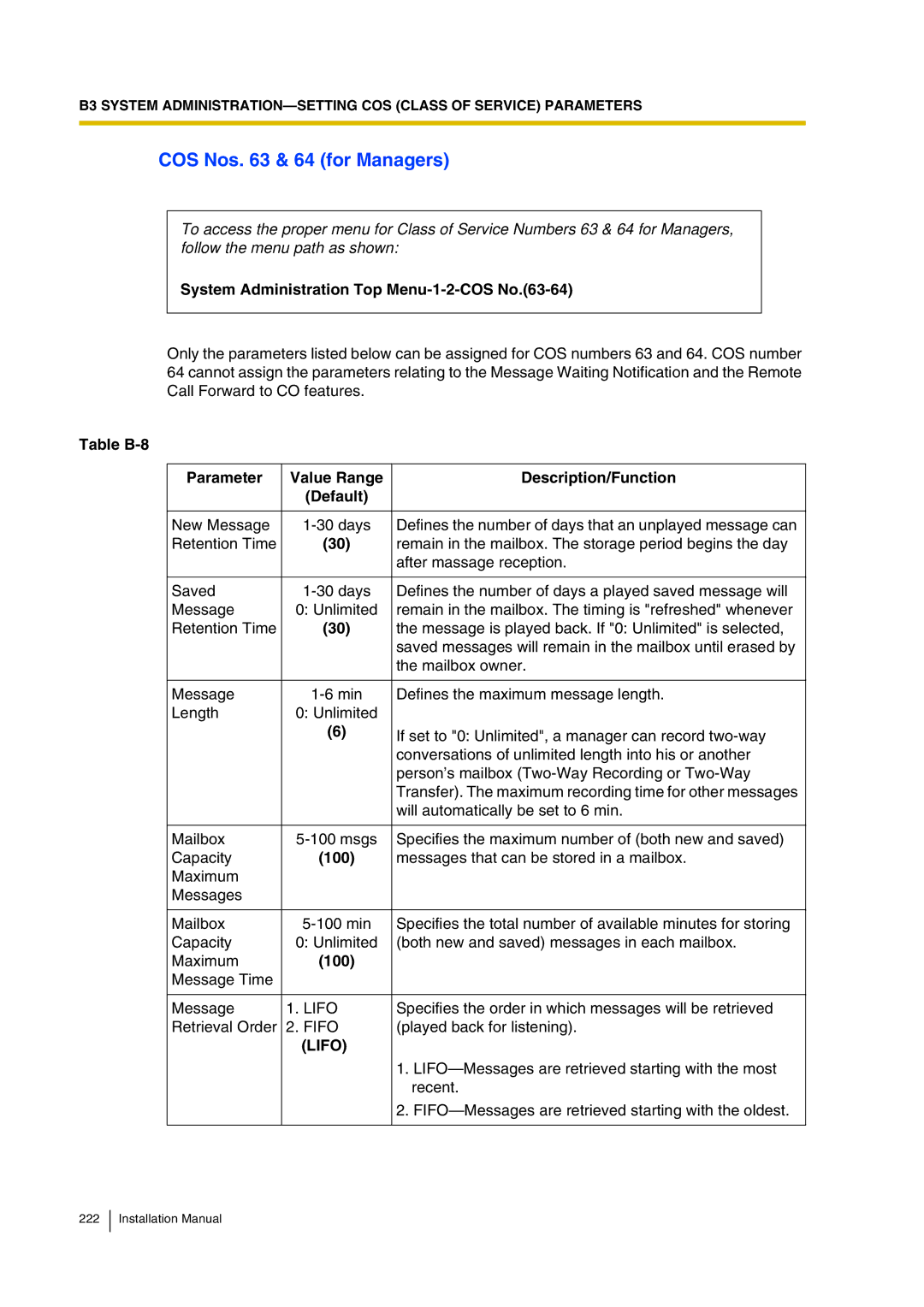 Panasonic KX-TVP200 installation manual COS Nos & 64 for Managers, System Administration Top Menu-1-2-COS No.63-64, 100 