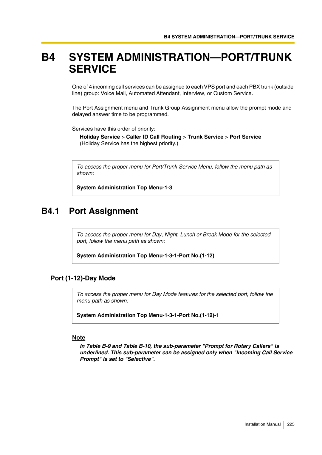 Panasonic KX-TVP200 B4 System ADMINISTRATION-PORT/TRUNK Service, B4.1 Port Assignment, Port 1-12-Day Mode 