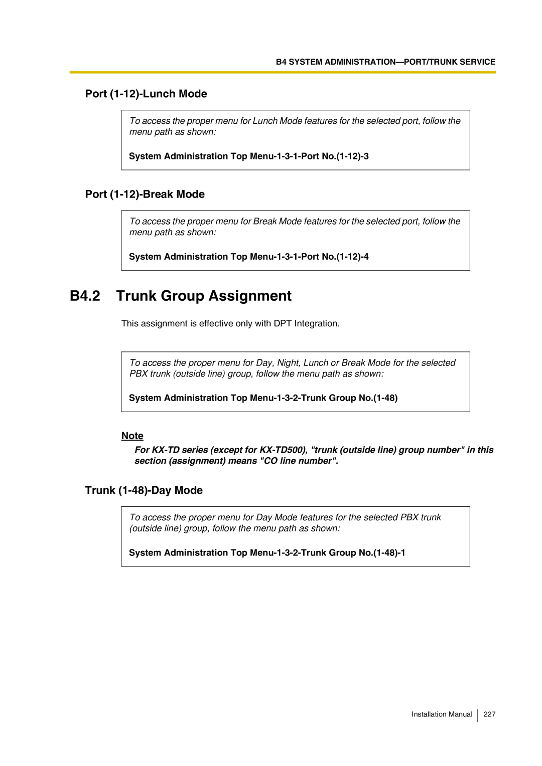 Panasonic KX-TVP200 B4.2 Trunk Group Assignment, Port 1-12-Lunch Mode, Port 1-12-Break Mode, Trunk 1-48-Day Mode 