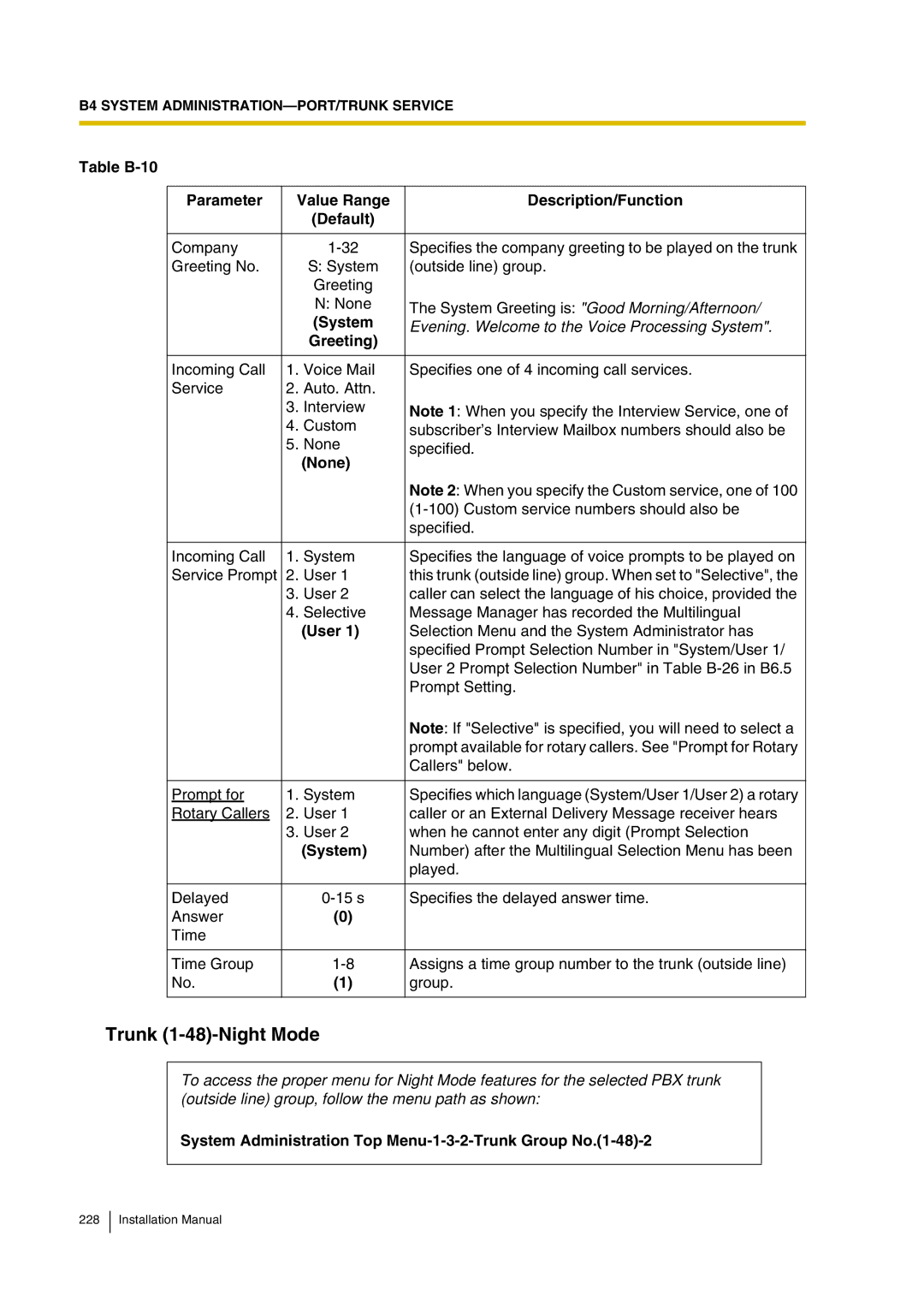 Panasonic KX-TVP200 installation manual Trunk 1-48-Night Mode, System Administration Top Menu-1-3-2-Trunk Group No.1-48-2 