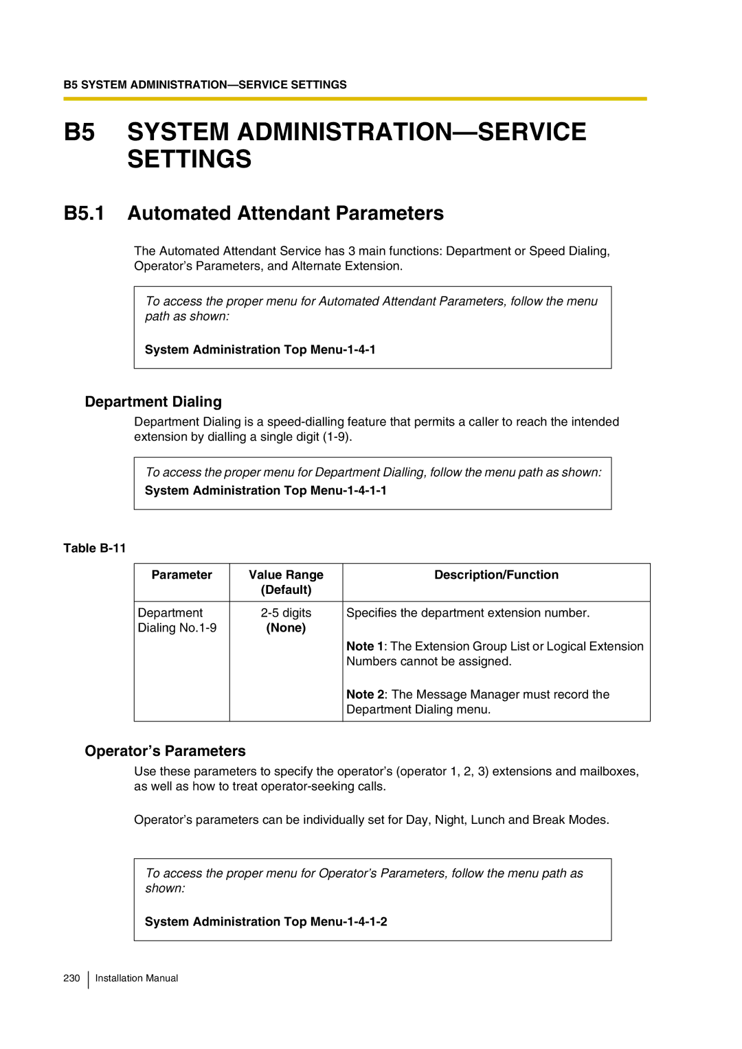 Panasonic KX-TVP200 B5 System ADMINISTRATION-SERVICE Settings, B5.1 Automated Attendant Parameters, Department Dialing 