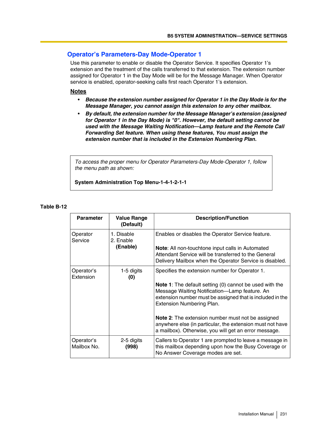 Panasonic KX-TVP200 installation manual Operator’s Parameters-Day Mode-Operator, Enable 