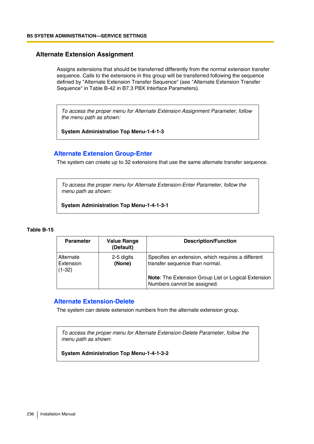 Panasonic KX-TVP200 Alternate Extension Assignment, Alternate Extension Group-Enter, Alternate Extension-Delete 