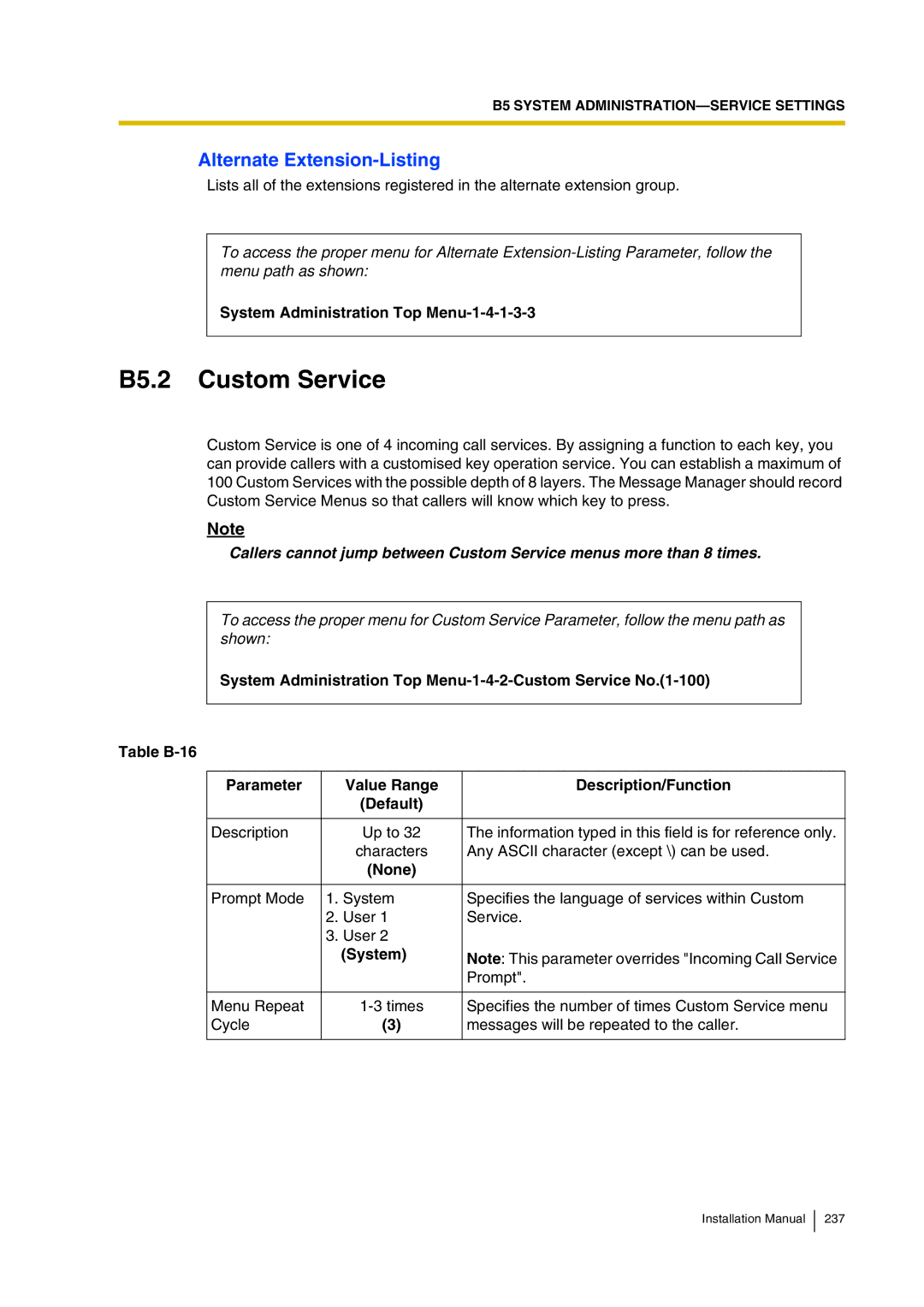 Panasonic KX-TVP200 B5.2 Custom Service, Alternate Extension-Listing, System Administration Top Menu-1-4-1-3-3 