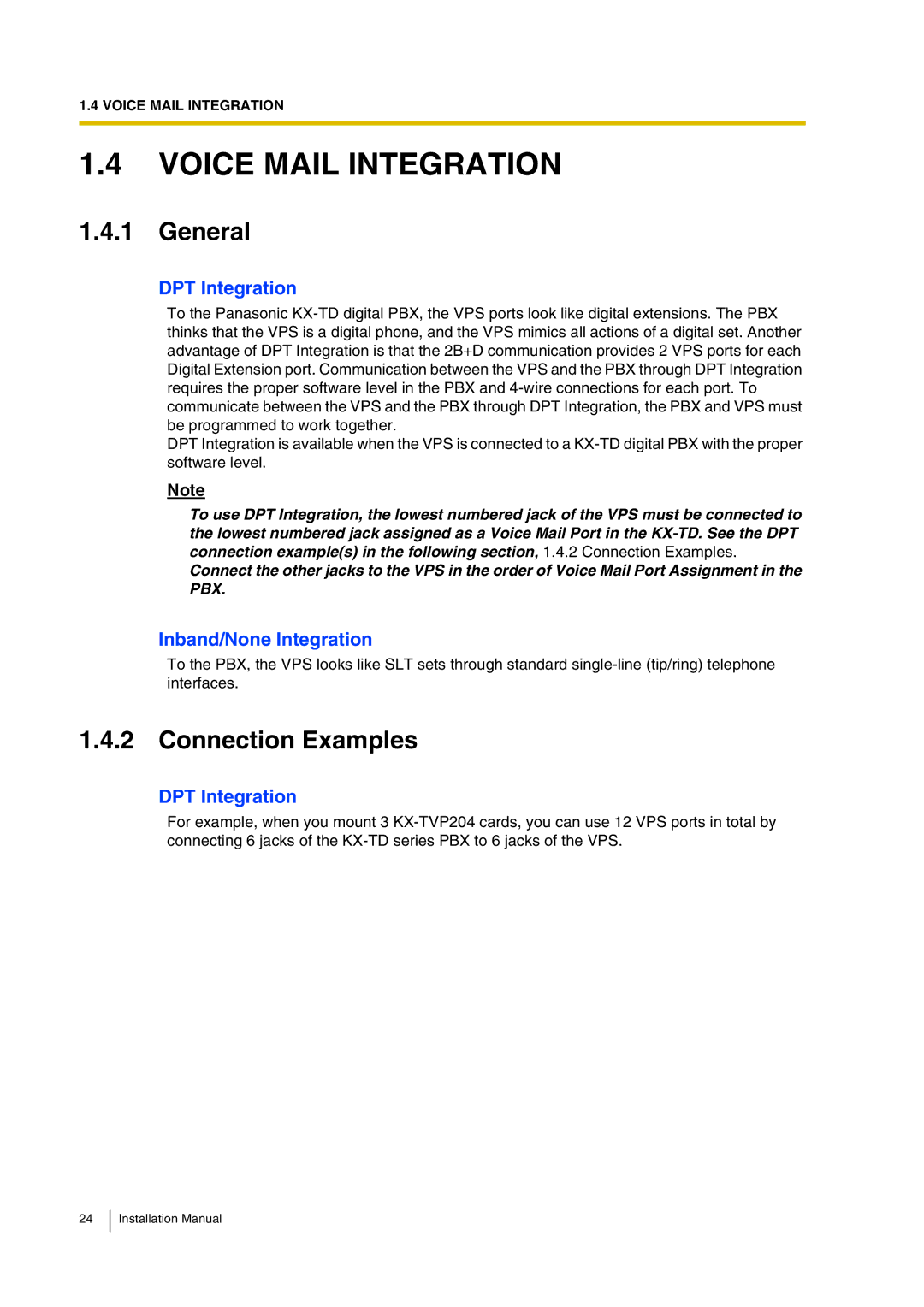 Panasonic KX-TVP200 Voice Mail Integration, Connection Examples, DPT Integration, Inband/None Integration 