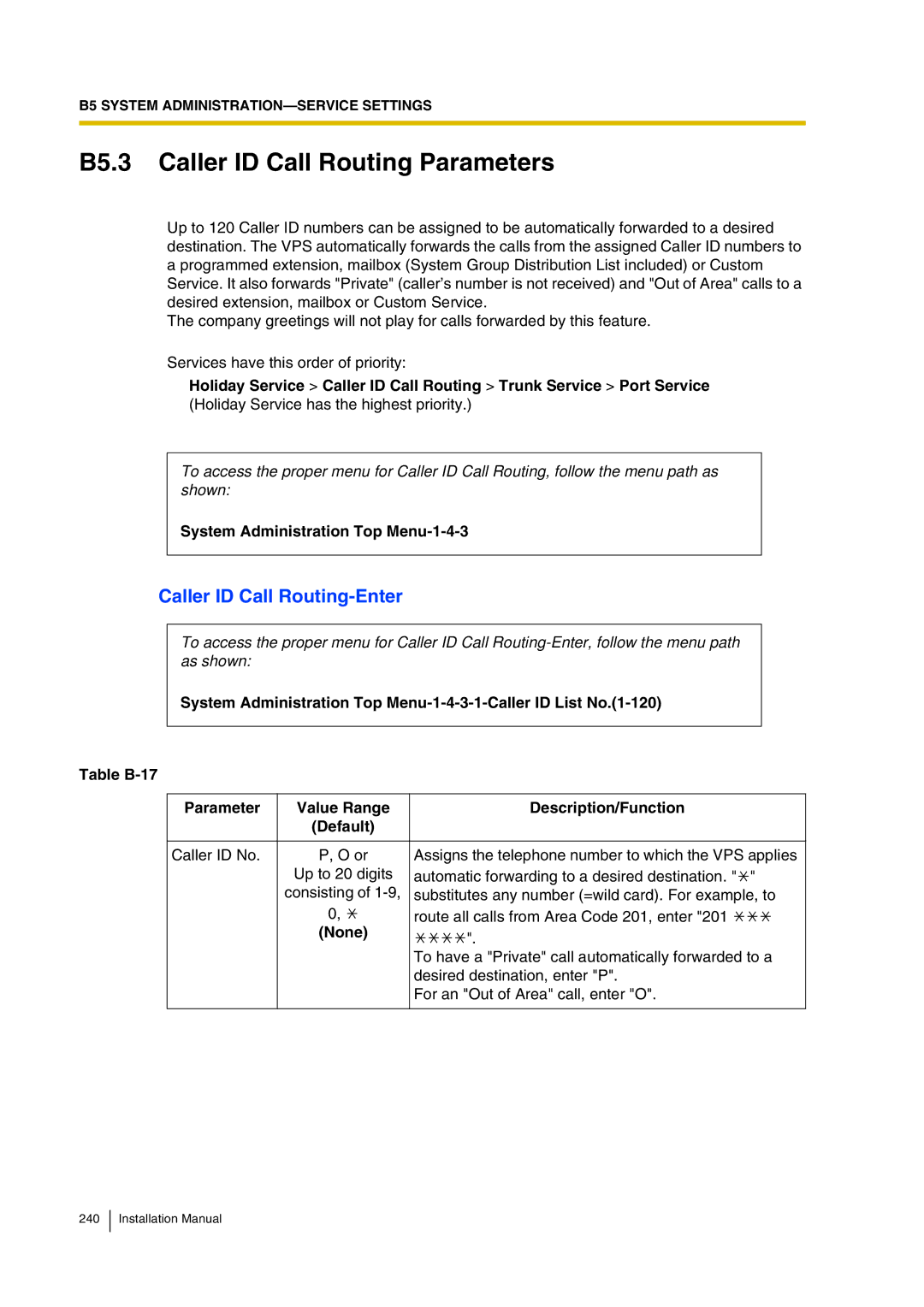 Panasonic KX-TVP200 installation manual B5.3 Caller ID Call Routing Parameters, Caller ID Call Routing-Enter 