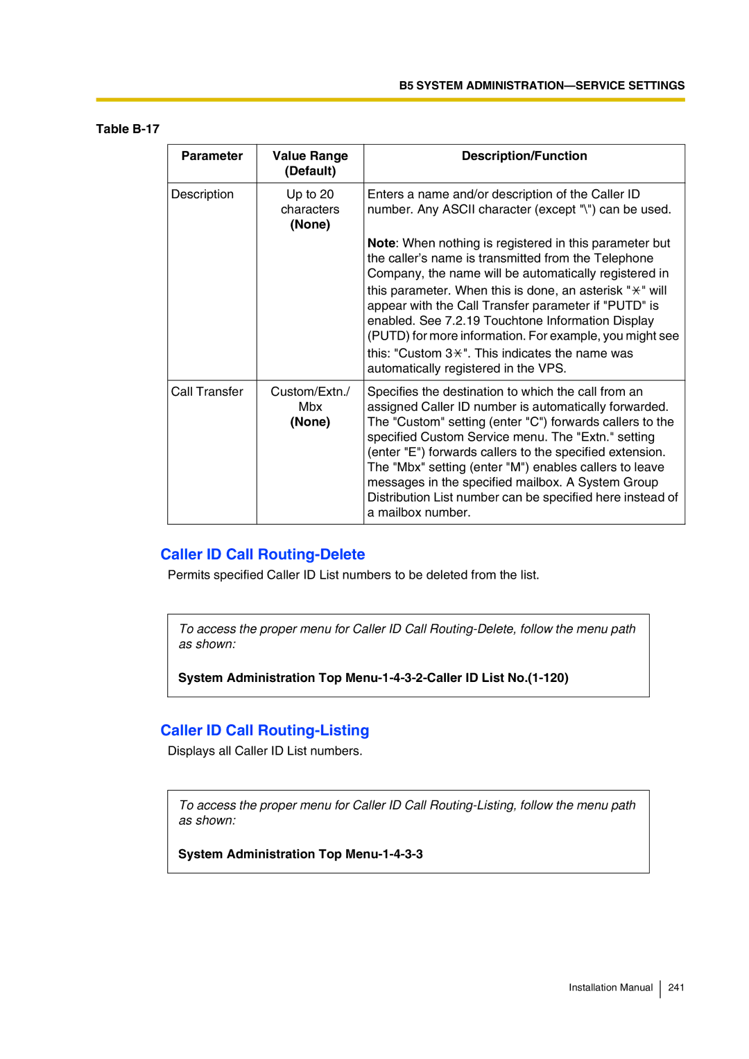 Panasonic KX-TVP200 Caller ID Call Routing-Delete, Caller ID Call Routing-Listing, System Administration Top Menu-1-4-3-3 