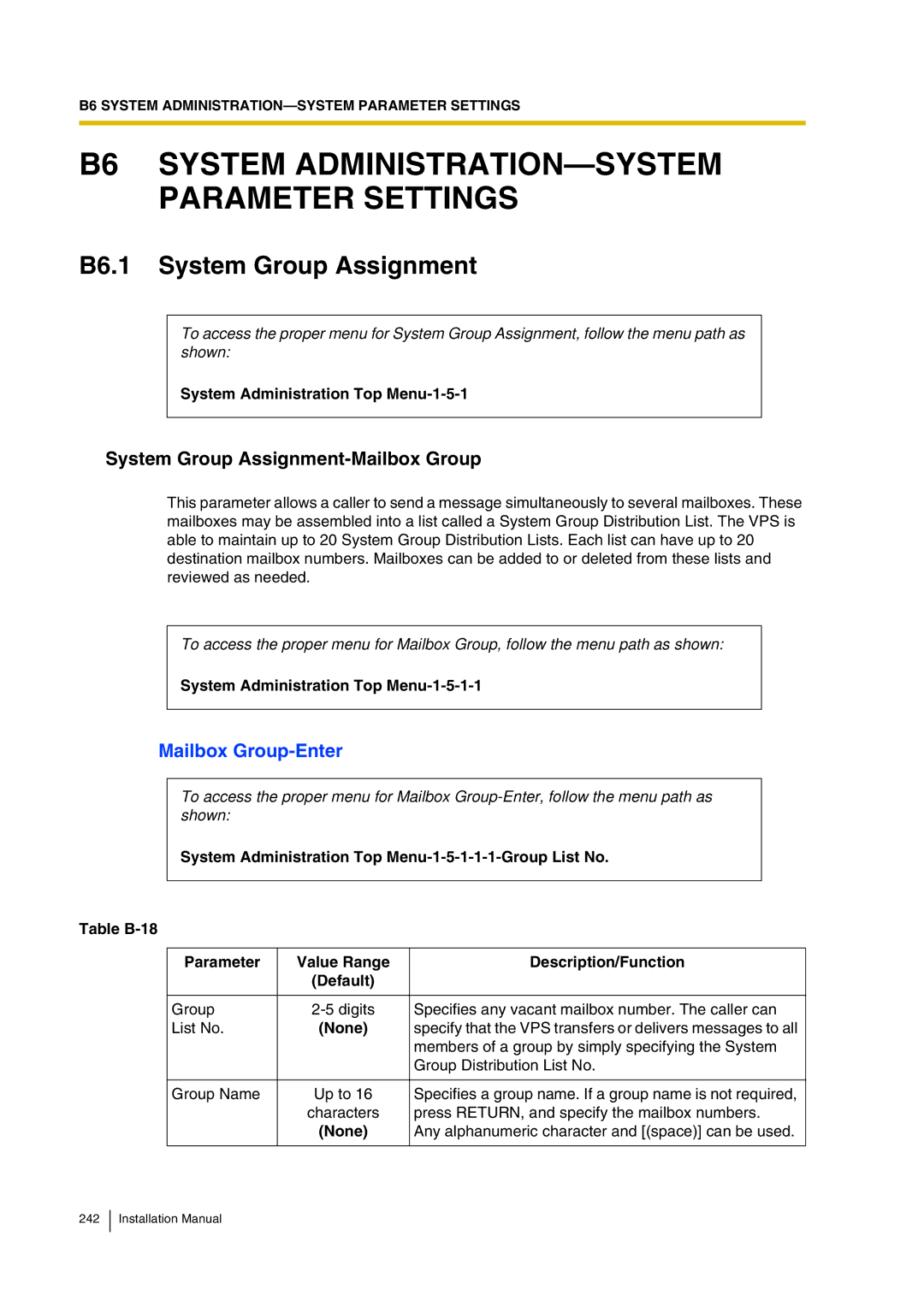 Panasonic KX-TVP200 B6 System ADMINISTRATION-SYSTEM Parameter Settings, B6.1 System Group Assignment, Mailbox Group-Enter 