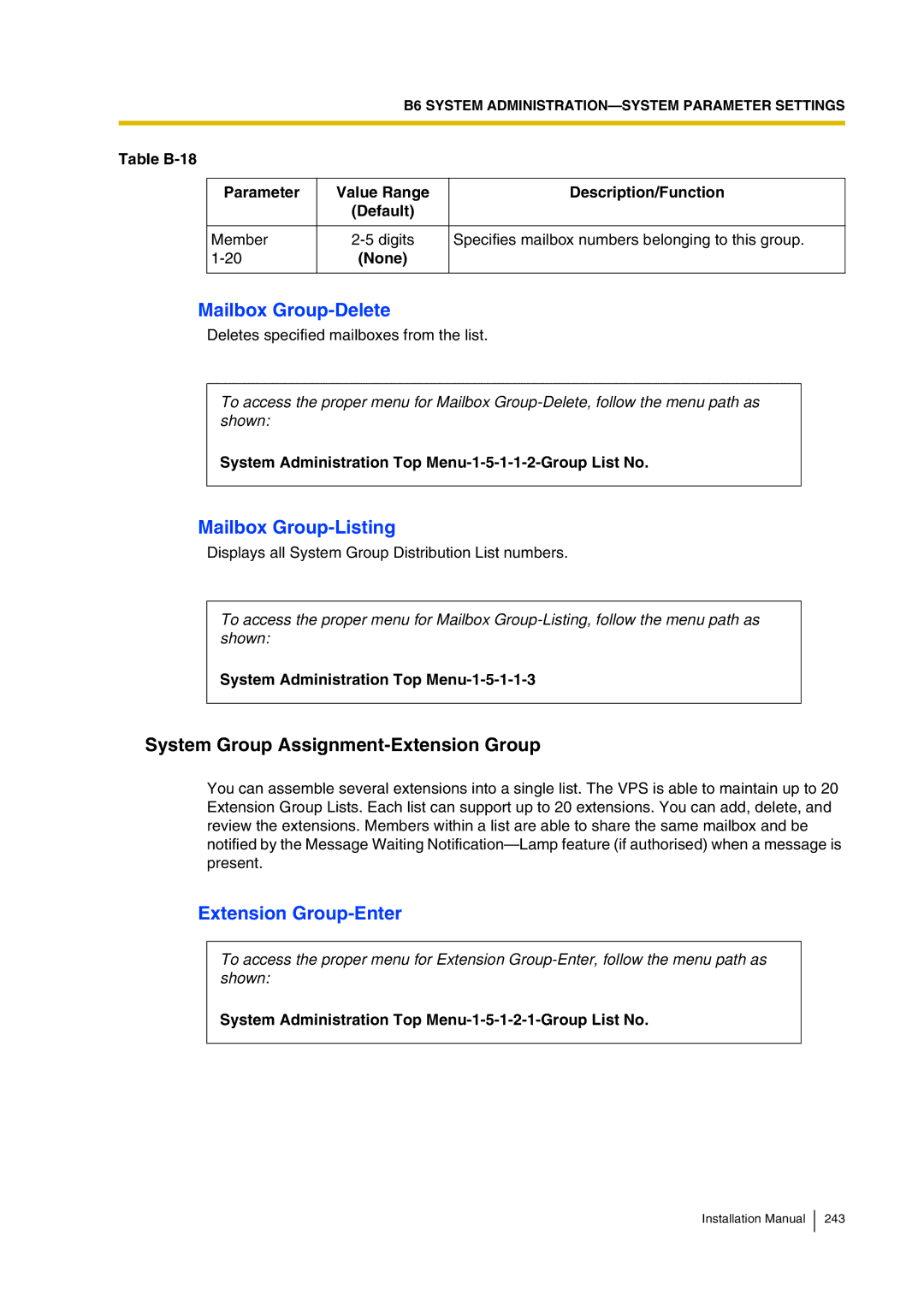 Panasonic KX-TVP200 Mailbox Group-Delete, Mailbox Group-Listing, System Group Assignment-Extension Group 