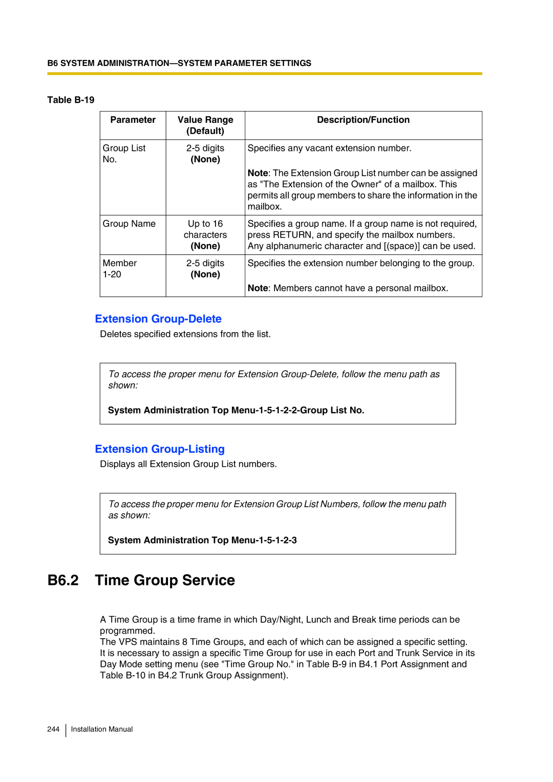 Panasonic KX-TVP200 installation manual B6.2 Time Group Service, Extension Group-Delete, Extension Group-Listing 