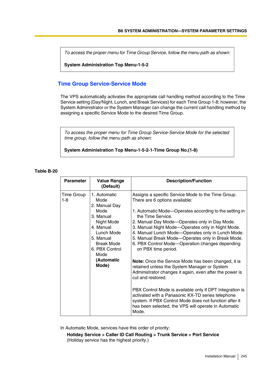 Panasonic KX-TVP200 Time Group Service-Service Mode, System Administration Top Menu-1-5-2, Automatic Mode 