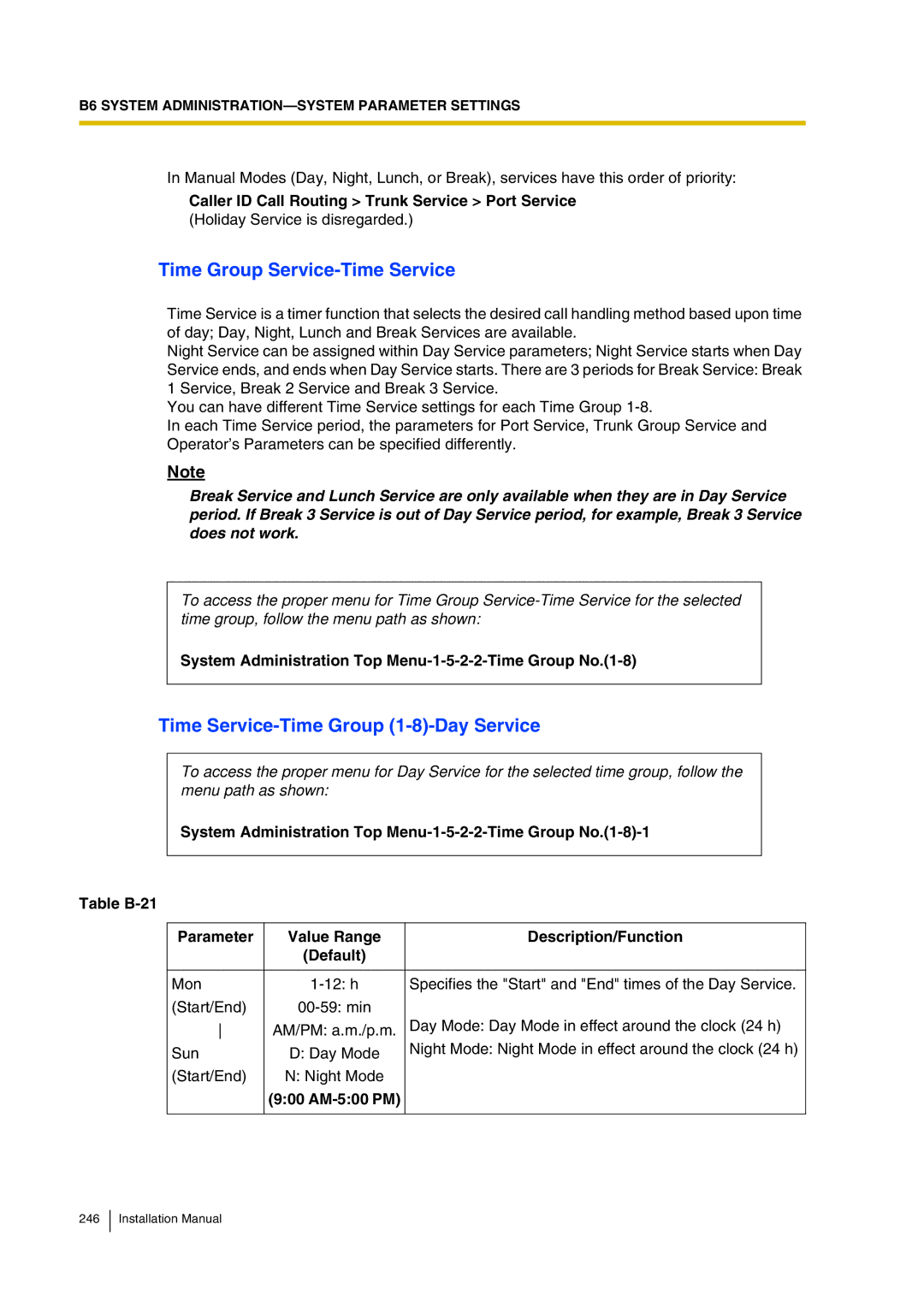 Panasonic KX-TVP200 installation manual Time Group Service-Time Service, Time Service-Time Group 1-8-Day Service, AM-500 PM 