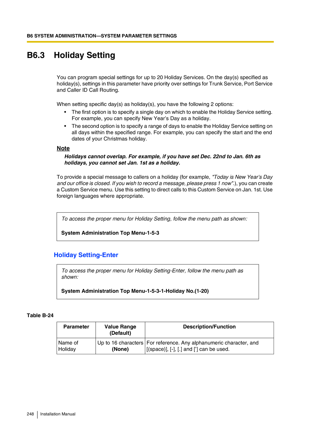 Panasonic KX-TVP200 installation manual B6.3 Holiday Setting, Holiday Setting-Enter, System Administration Top Menu-1-5-3 