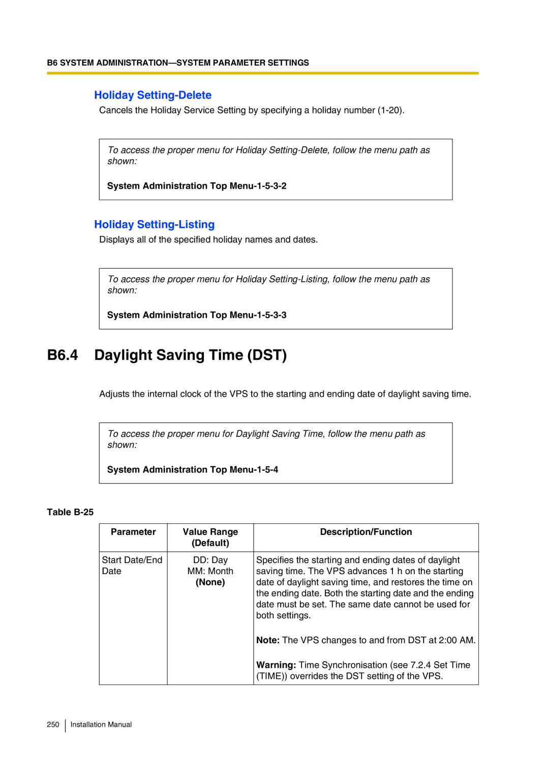 Panasonic KX-TVP200 installation manual B6.4 Daylight Saving Time DST, Holiday Setting-Delete, Holiday Setting-Listing 