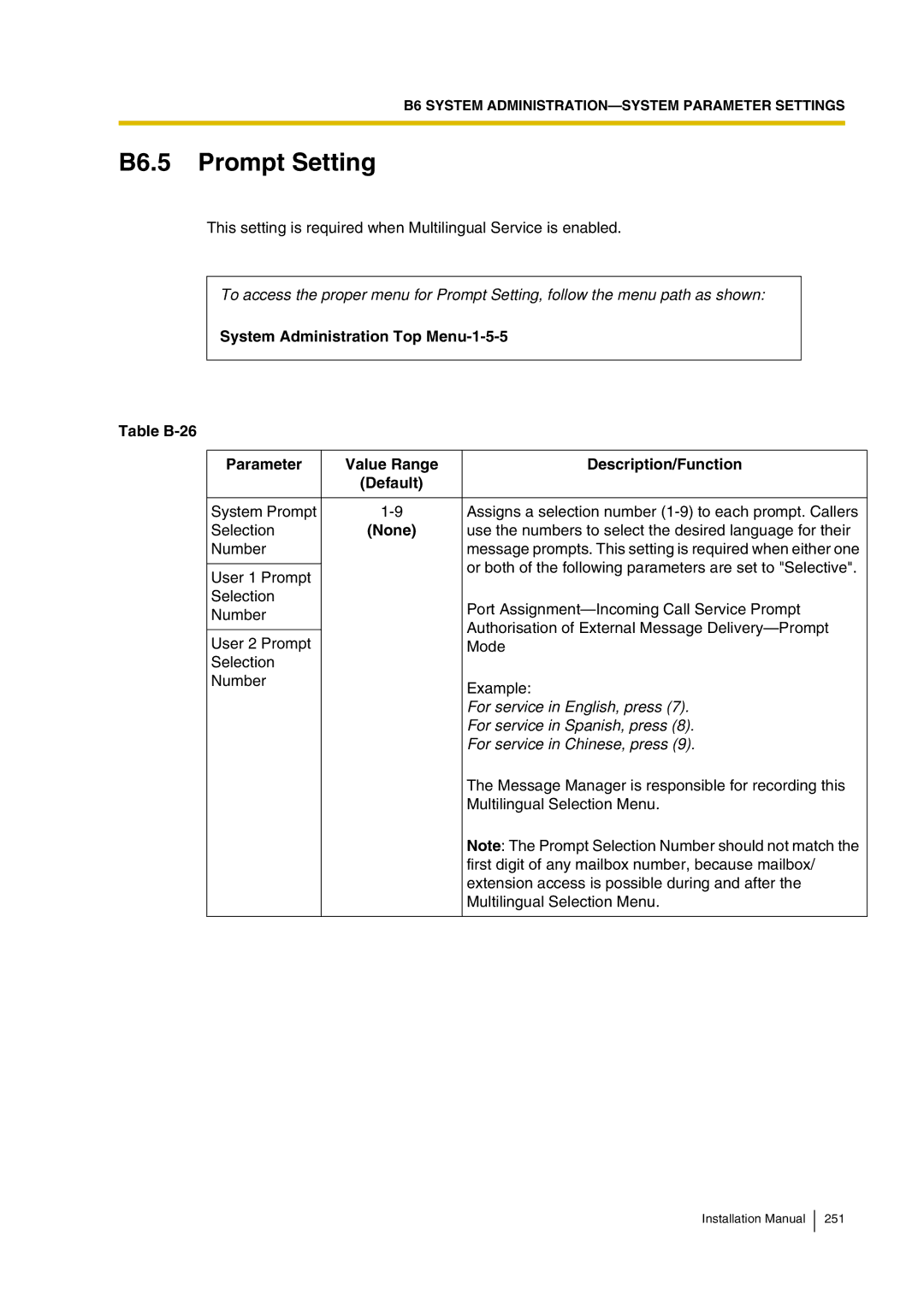 Panasonic KX-TVP200 installation manual B6.5 Prompt Setting, For service in English, press, For service in Spanish, press 