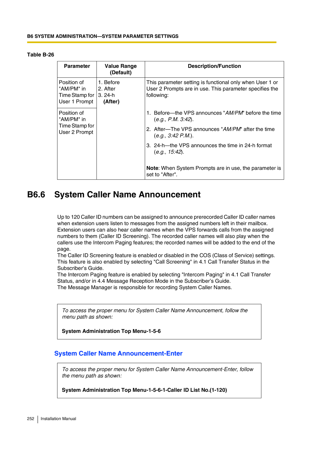 Panasonic KX-TVP200 installation manual B6.6 System Caller Name Announcement, System Caller Name Announcement-Enter, After 