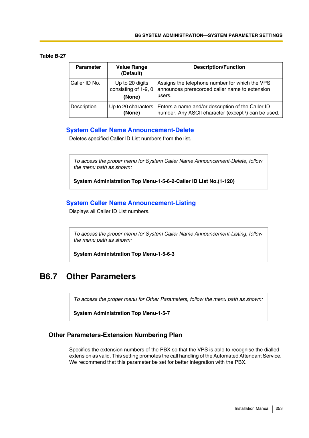 Panasonic KX-TVP200 B6.7 Other Parameters, System Caller Name Announcement-Delete, System Caller Name Announcement-Listing 