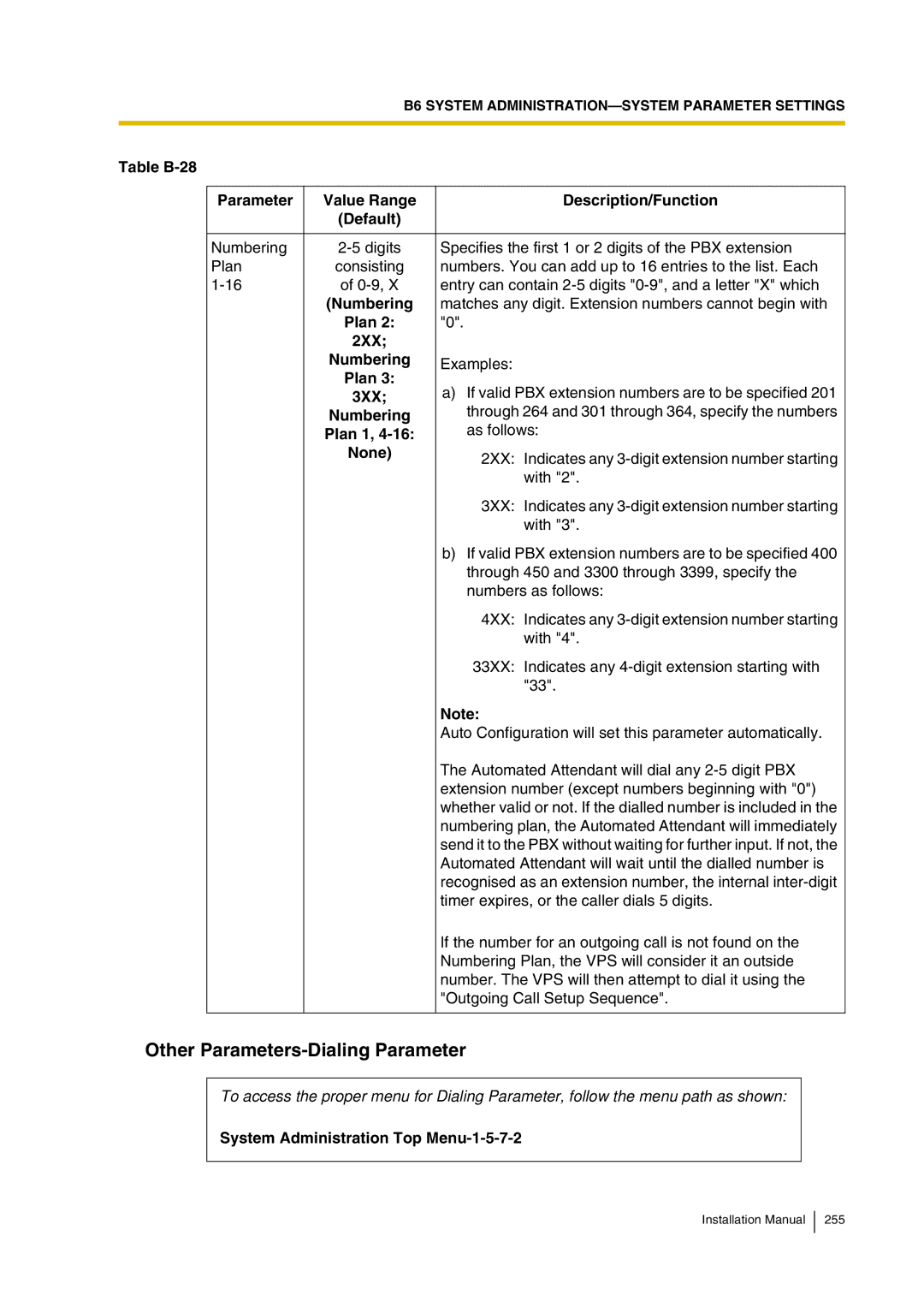 Panasonic KX-TVP200 installation manual Other Parameters-Dialing Parameter 