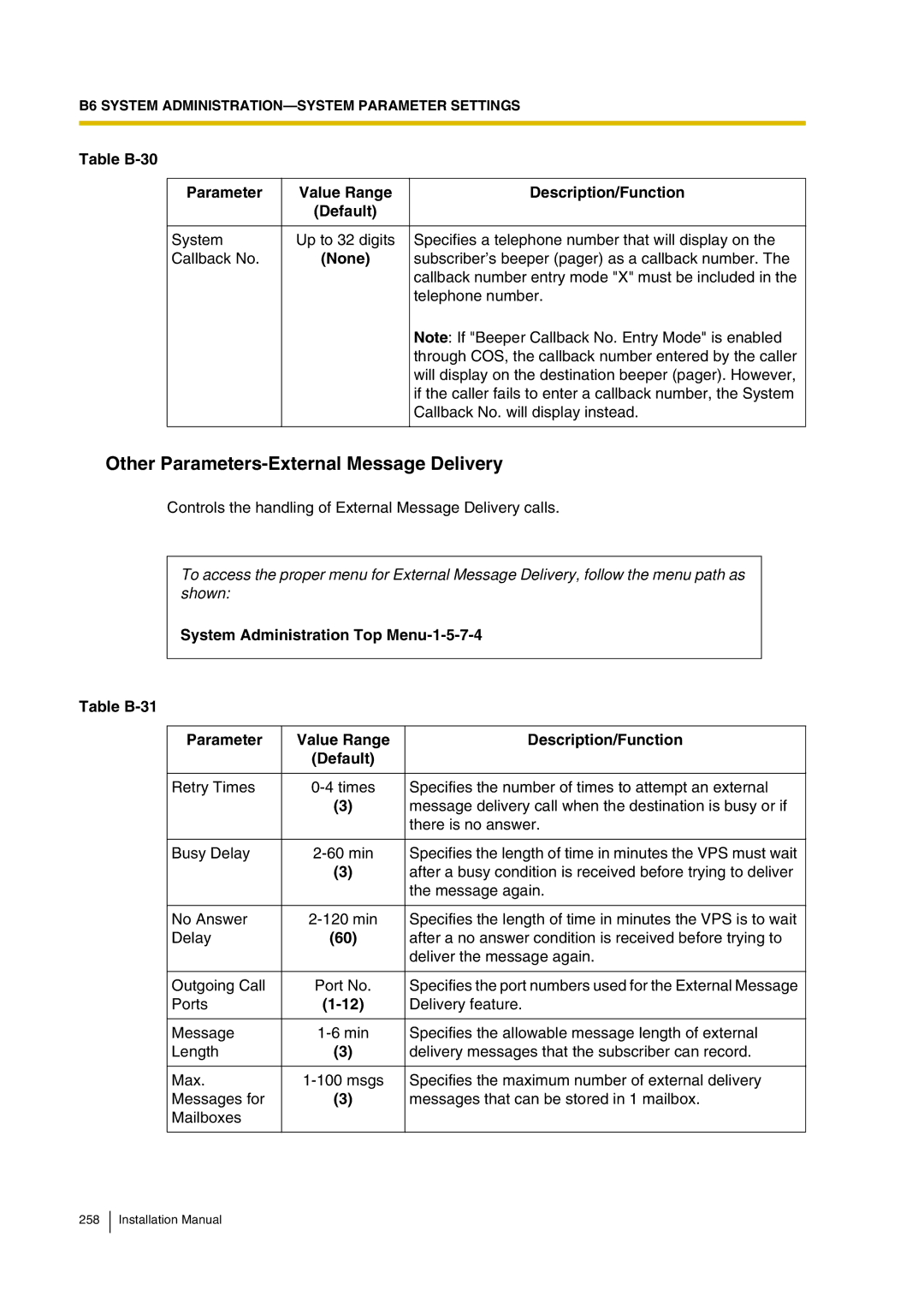 Panasonic KX-TVP200 installation manual Other Parameters-External Message Delivery, None 