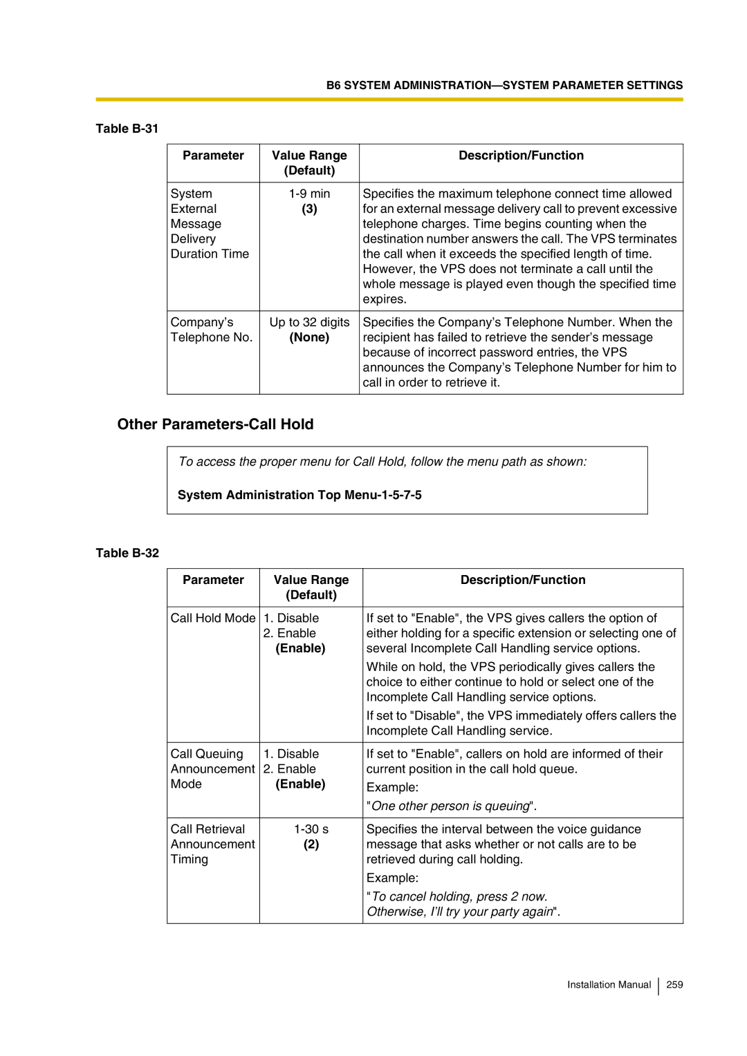 Panasonic KX-TVP200 Other Parameters-Call Hold, One other person is queuing, To cancel holding, press 2 now 