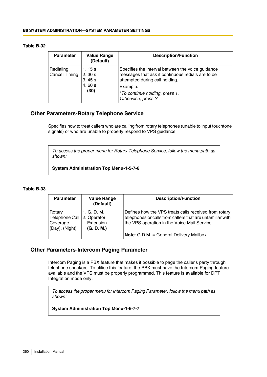 Panasonic KX-TVP200 Other Parameters-Rotary Telephone Service, Other Parameters-Intercom Paging Parameter 