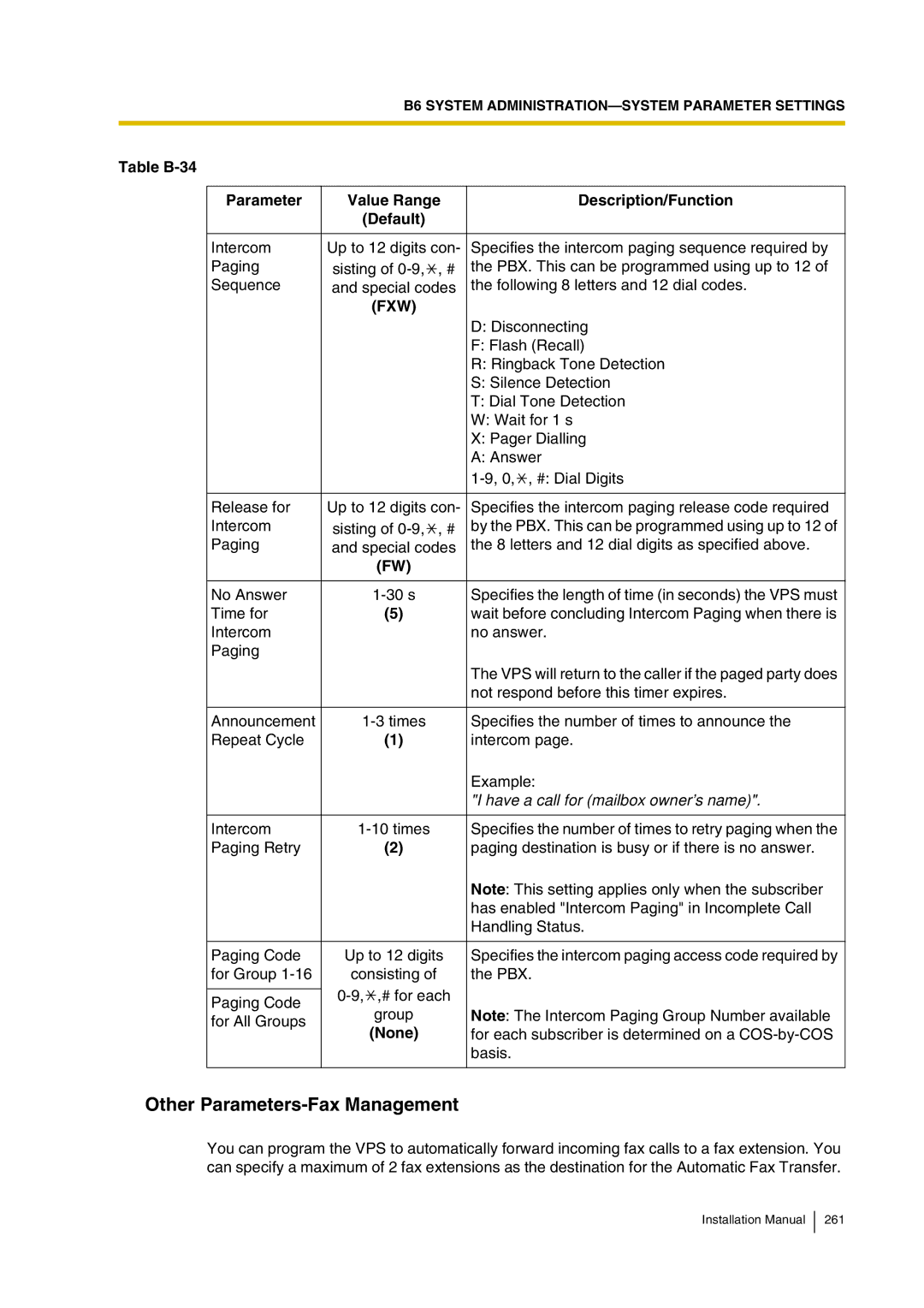 Panasonic KX-TVP200 installation manual Other Parameters-Fax Management, Have a call for mailbox owner’s name 