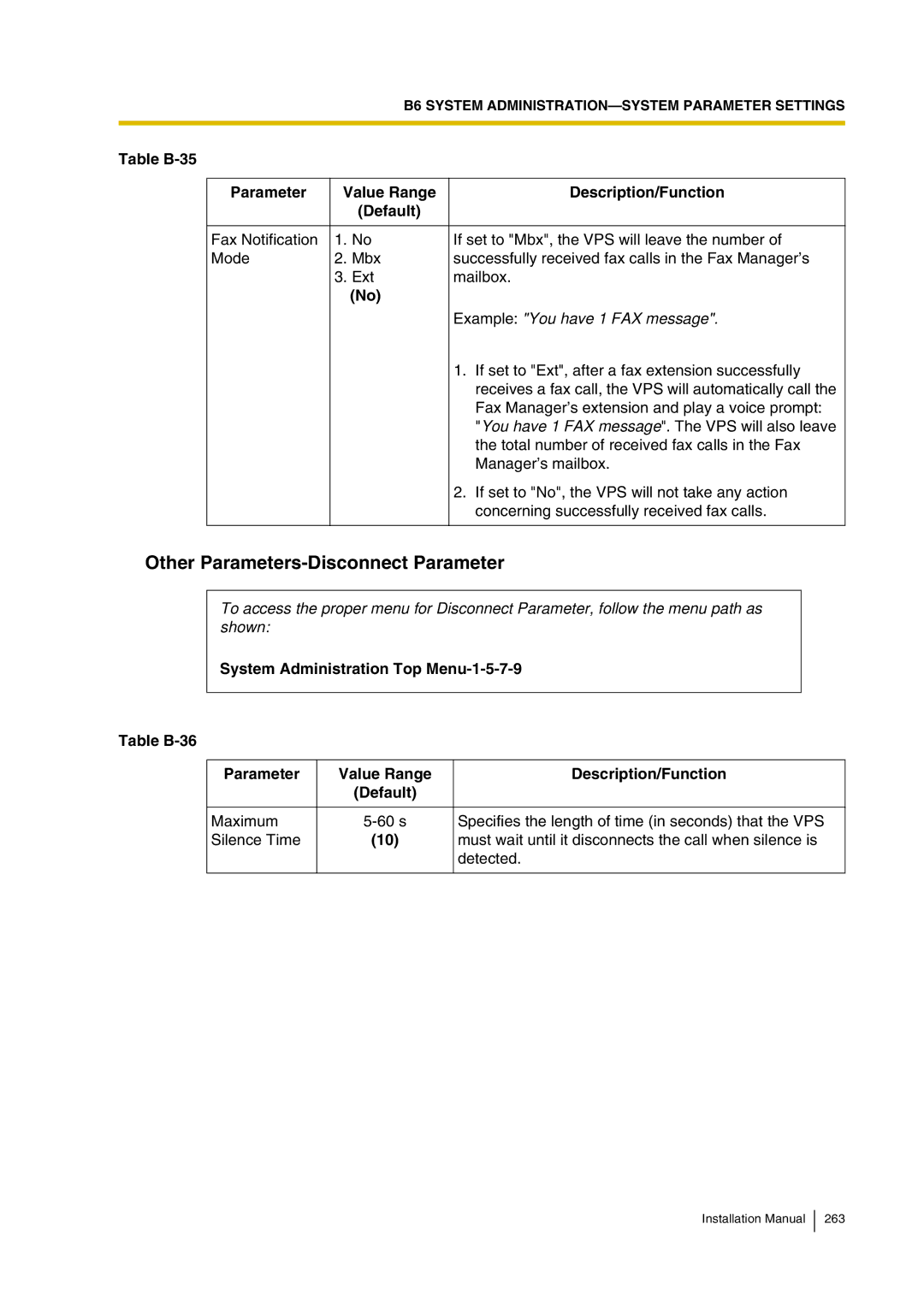 Panasonic KX-TVP200 installation manual Other Parameters-Disconnect Parameter, Example You have 1 FAX message 