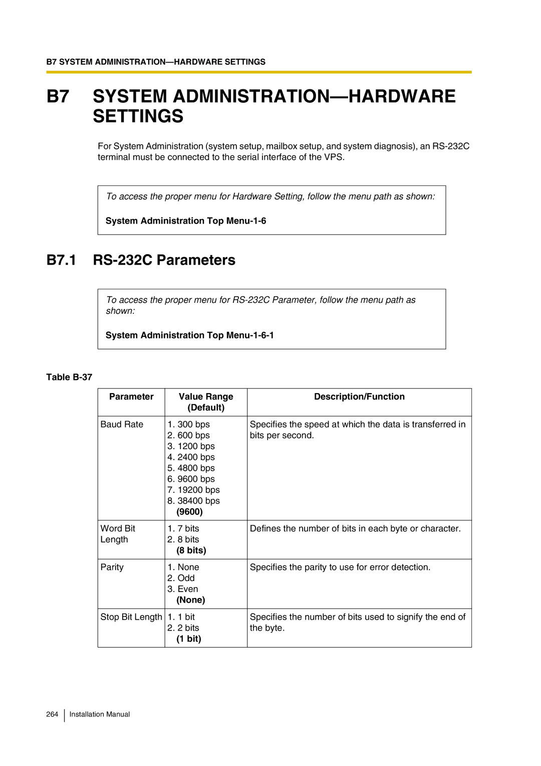 Panasonic KX-TVP200 installation manual B7 System ADMINISTRATION-HARDWARE Settings, B7.1 RS-232C Parameters 