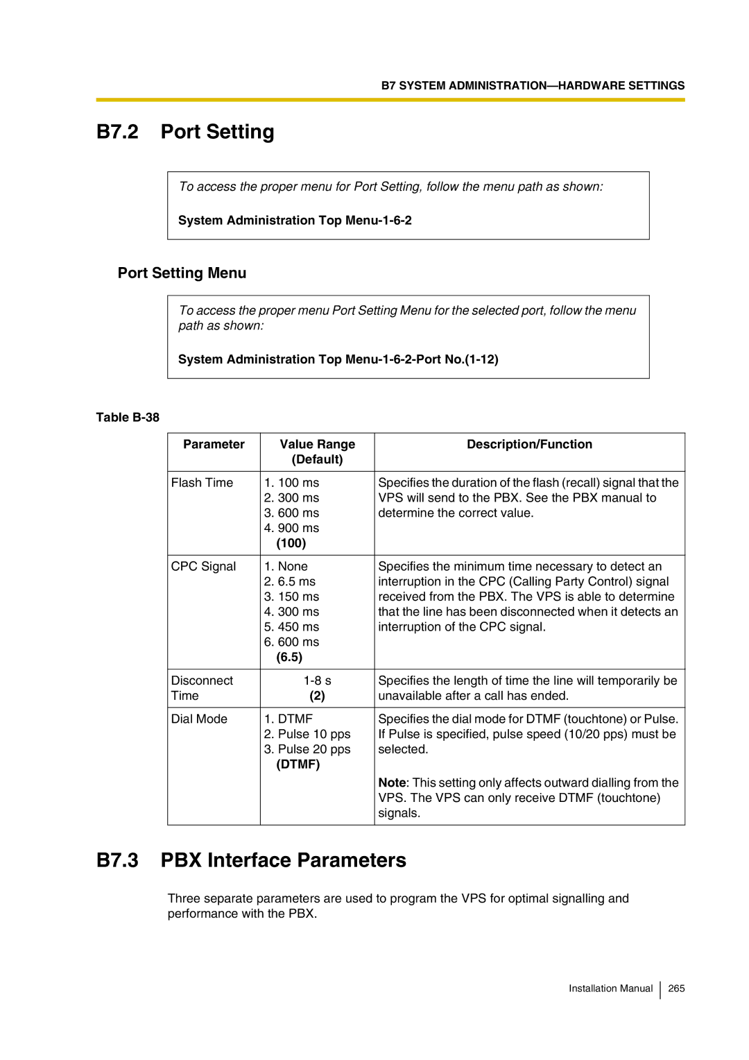 Panasonic KX-TVP200 installation manual B7.2 Port Setting, B7.3 PBX Interface Parameters, Port Setting Menu, Dtmf 