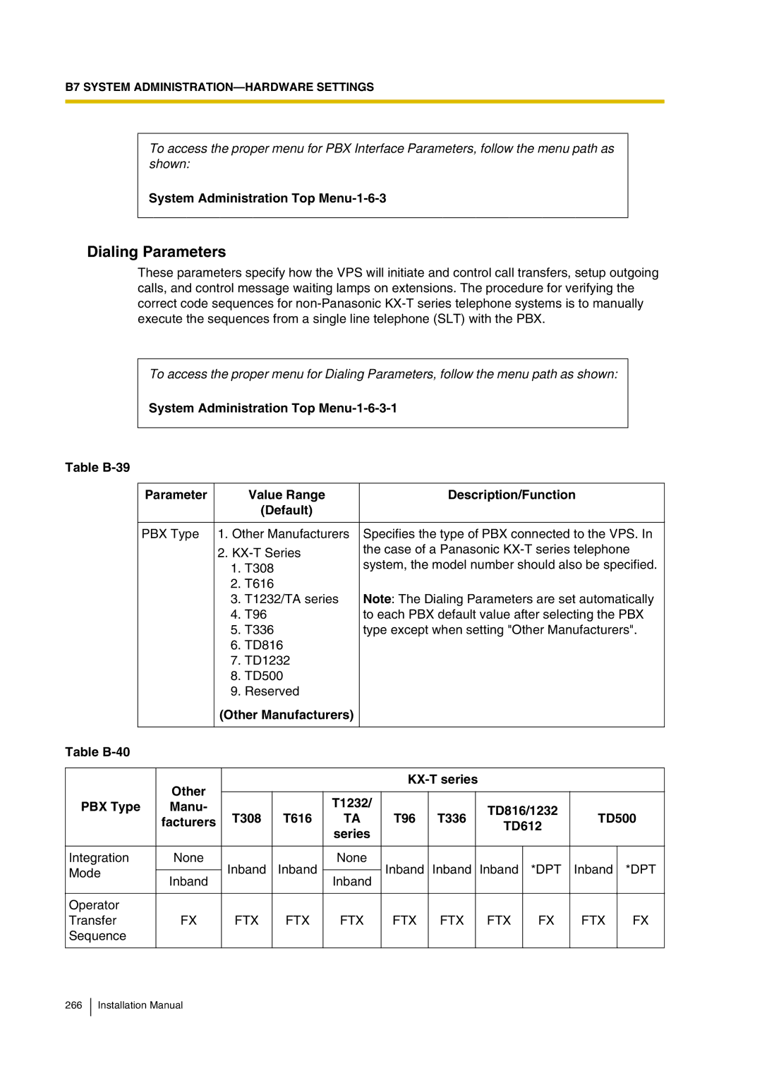 Panasonic KX-TVP200 installation manual System Administration Top Menu-1-6-3, Dpt, Ftx 