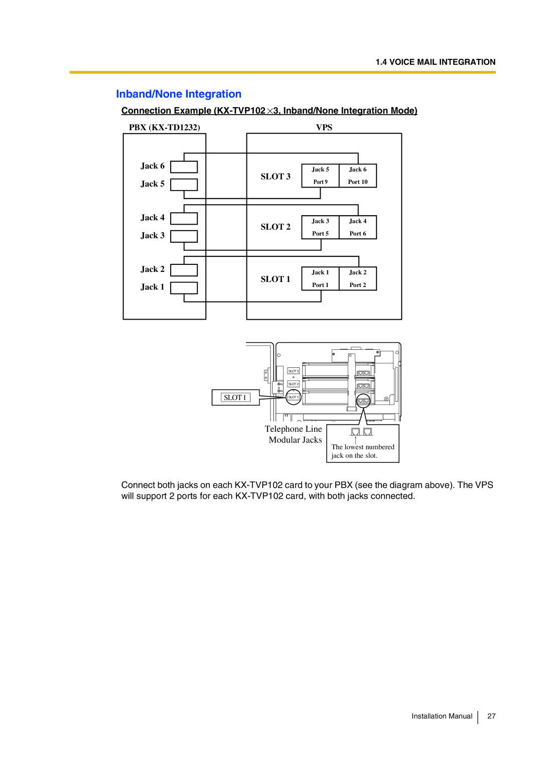 Panasonic KX-TVP200 installation manual Connection Example KX-TVP102 3, Inband/None Integration Mode 